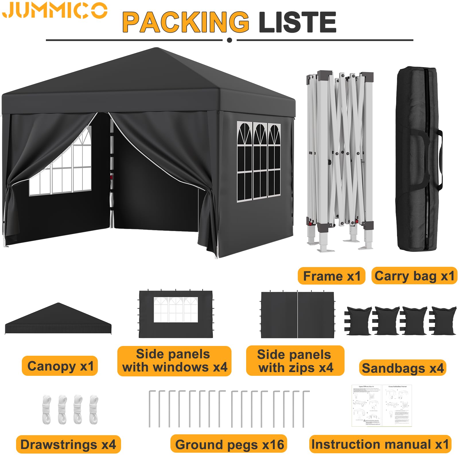 JUMMICO Gazebo 3x3m Pieghevole Impermeabile con Pareti Laterali Grigio