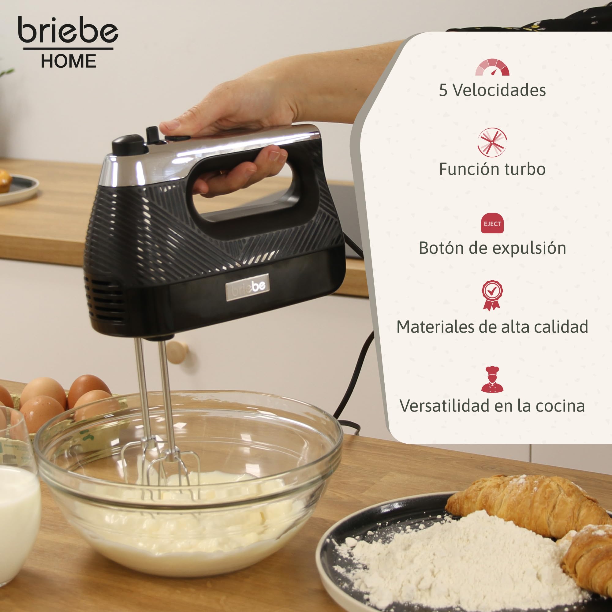 briebe Elegance Set Batidora de Mano 600W, 2 Velocidades Pie Desmontable Acero Inoxidable + Batidora de Varillas Eléctrica 400W, Amasadora de Mano Especial Repostería 5 Velocidades + Turbo (Negro)