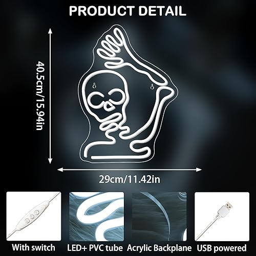 Miniatura 5 de Looklight Letrero de neón de calavera de esqueleto para decoración de Halloween, luces LED de esqueleto de Halloween para dormitorio, puerta