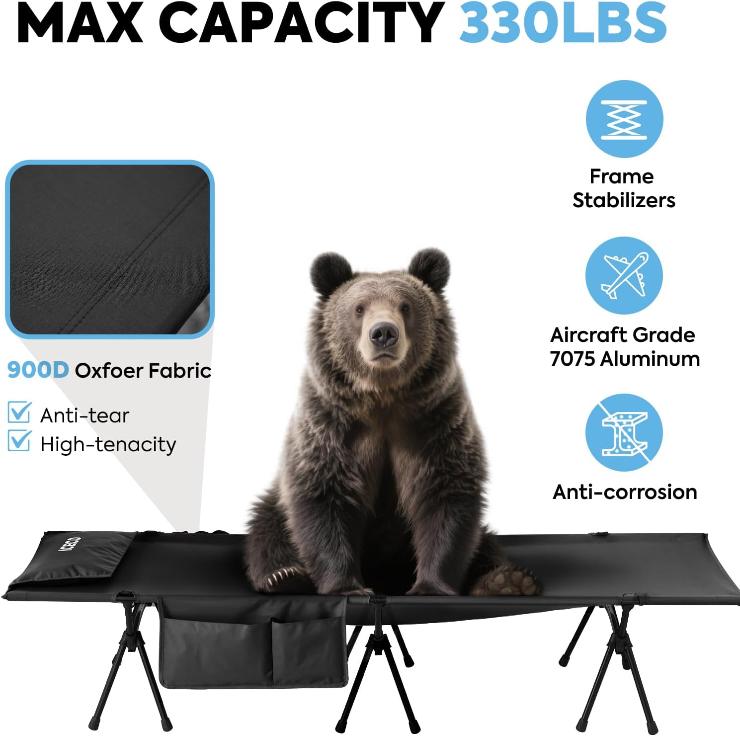 ICECO Camping Cot for Adults, Height Adjustable with Cot Leg Extenders, Strong Support 330lbs, 900D Oxford Fabric, Ultralight Comfortable, Sleeping Bed for Camping, Hiking, Beach, Home (L-Black)