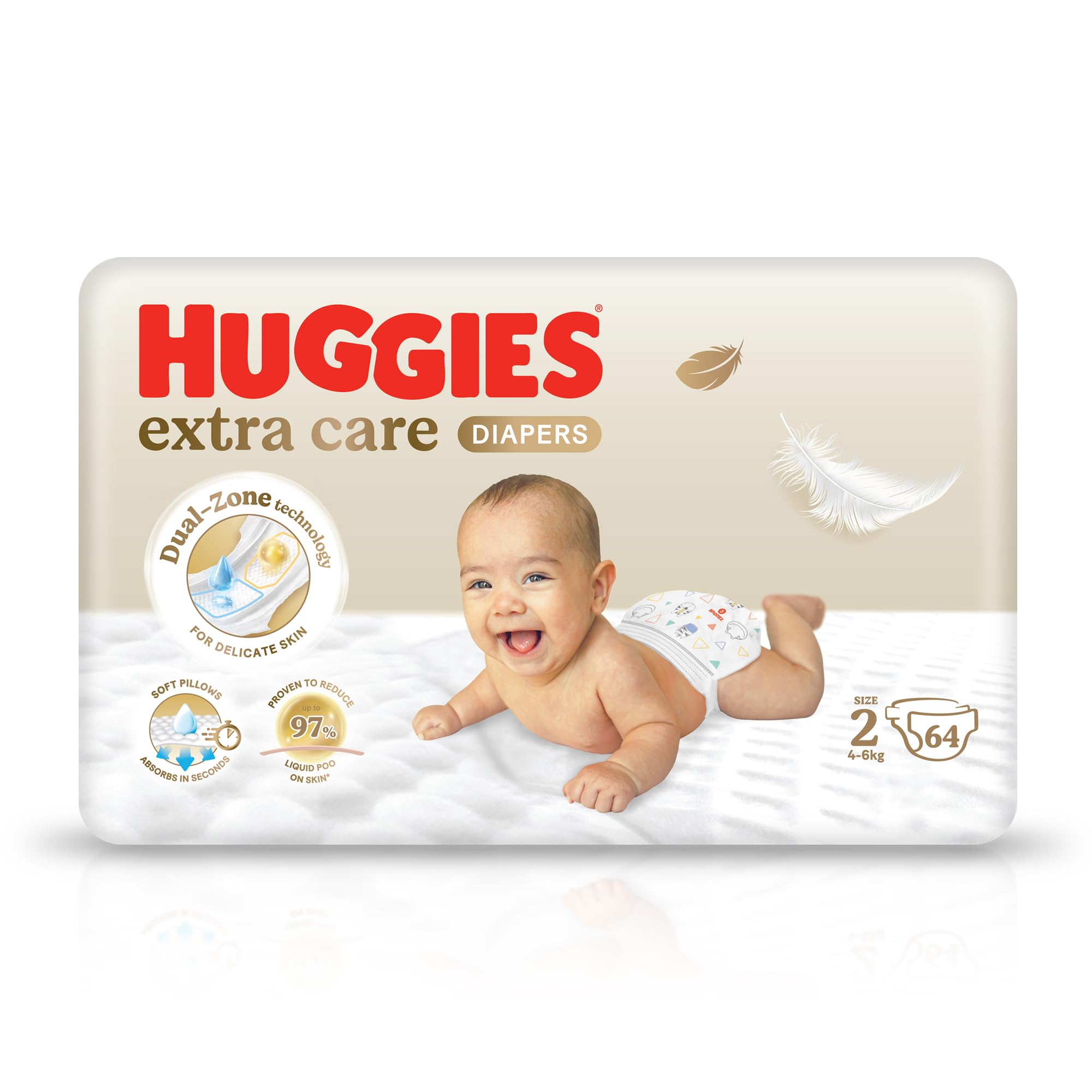 Huggies Diapers Size 2 Jumbo Pack, 64 Count – Soft Absorbent Baby Nappies with Wetness Indicator & Snug Stretch Fit for Small, Growing Infants (Approx. 3-6 kg)