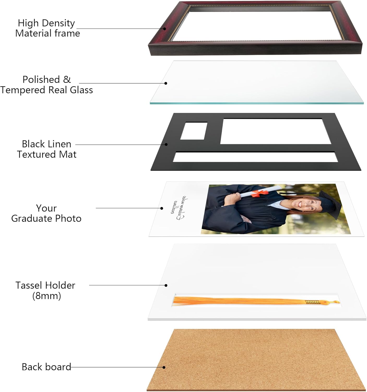 Graduate Frame with Tassel Holder, Graduation Party Gift and Keepsake, Black Linen Texture Paper Mat, Display 5x7 Photo and Tassel Souvenirs, Mahogany Frame with Gold Beads Embossing