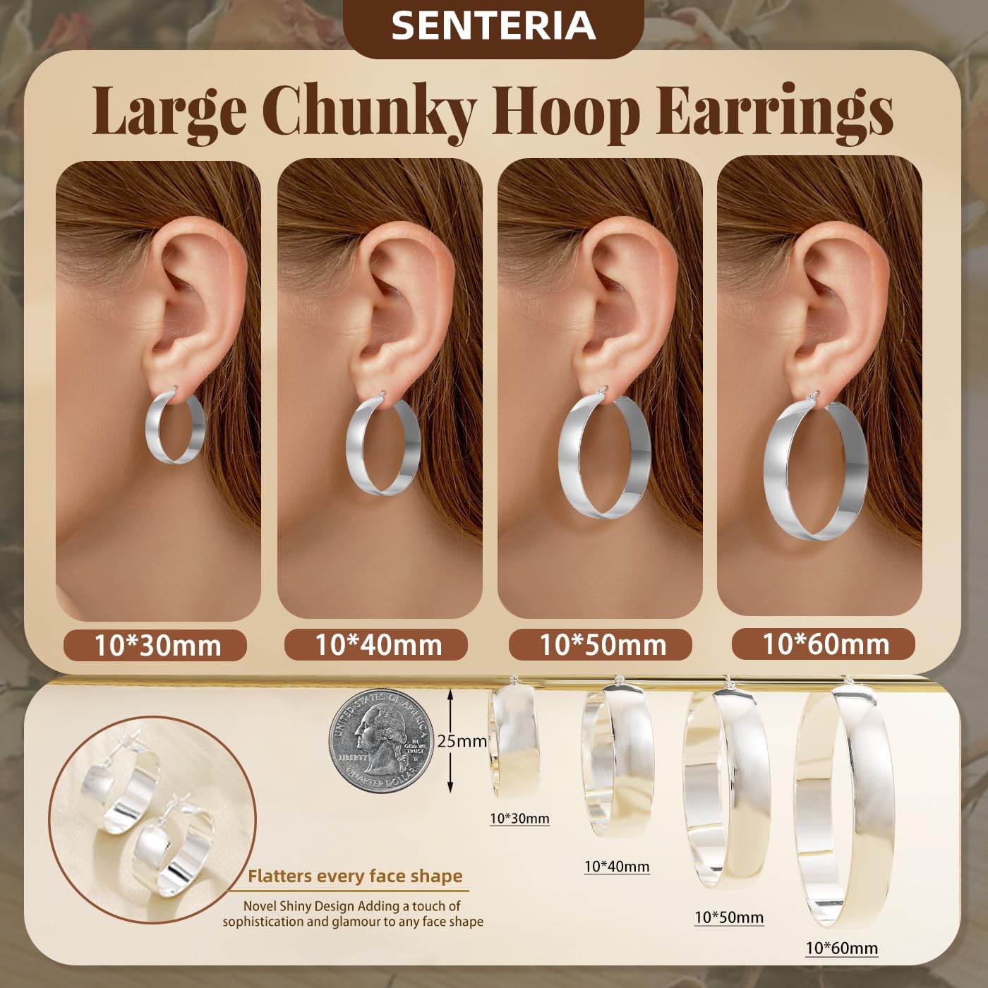 Senteria 10mm Wide Chunky 14K Gold Plated Hoop Earrings for Women Hypoallergenic Thick 925 Sterling Silver Hoops Earring Lightweight Large Silver Hoop Earrings for Women (30/40/50/60MM) - Image 6