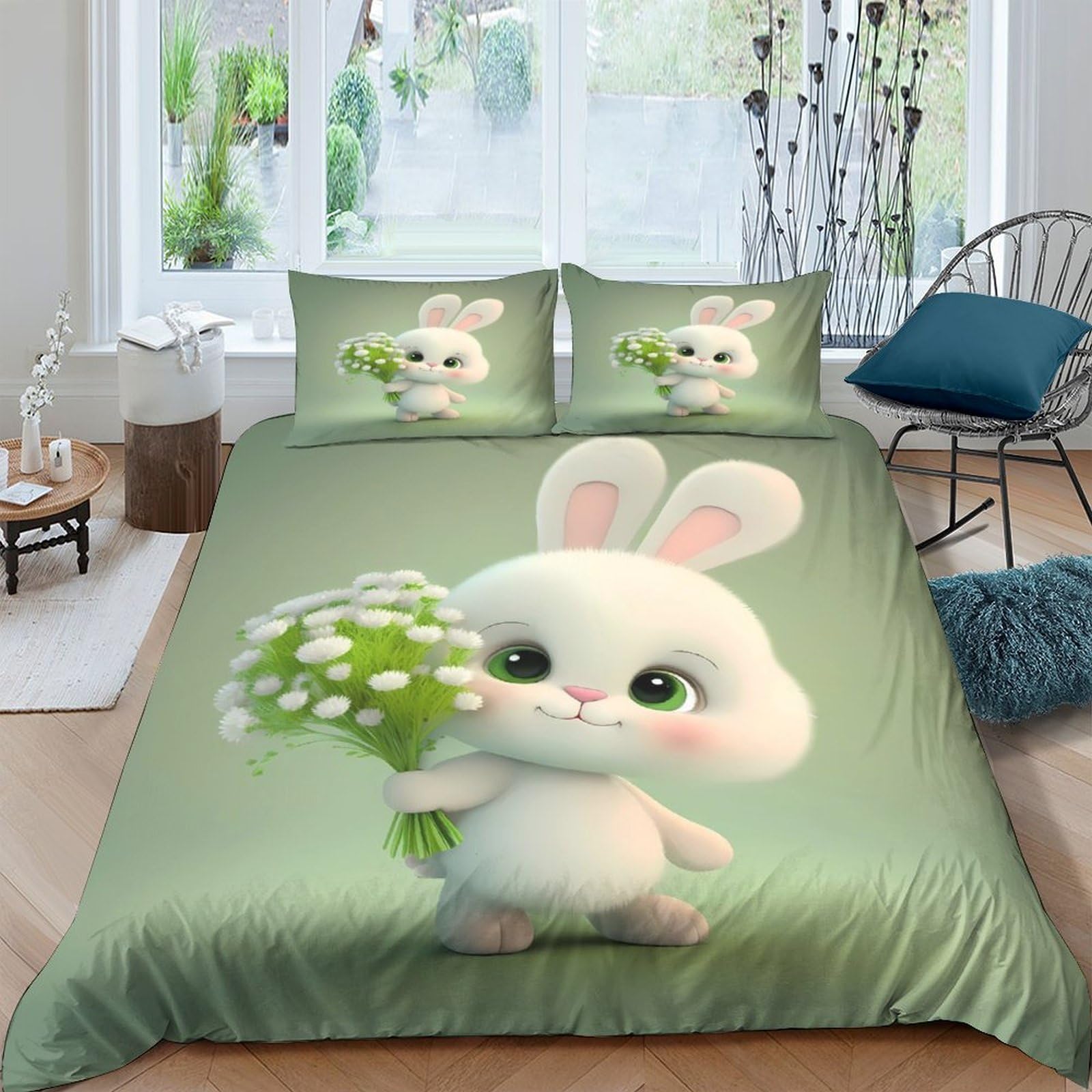 Ctjqhvkz Style-3 3D Printed Cute Bunny Fitted Sheet Microfiber Soft Green Lily Bouquet Bed Cover For Bedroom Guest Room Decor Mattress Protection Single（135X200cm）