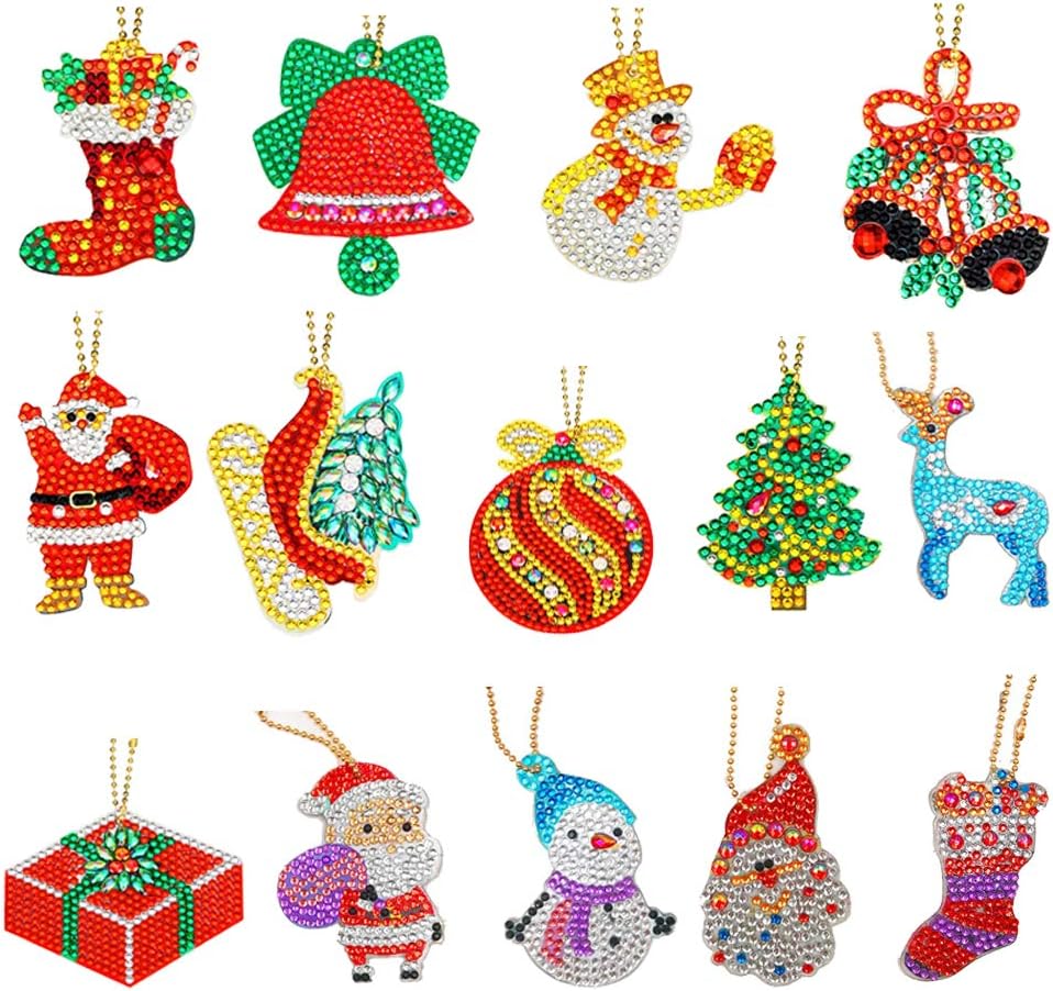 14 Pieces Christmas DIY Diamond Key Chain, 5D DIY Keychain Ornaments for Adults Kids Key Ring Decor Cross Stitch Craft Art