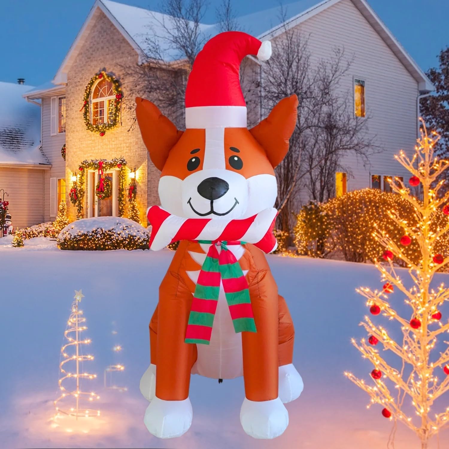 PTS 5FT Inflatable Corgi with Candy Bar Outdoor Decoration, Christmas Blow Up Yard Decorations, Built-in LED Lights Inflatables Xmas Holiday Funny Decor for Indoor Lawn Garden
