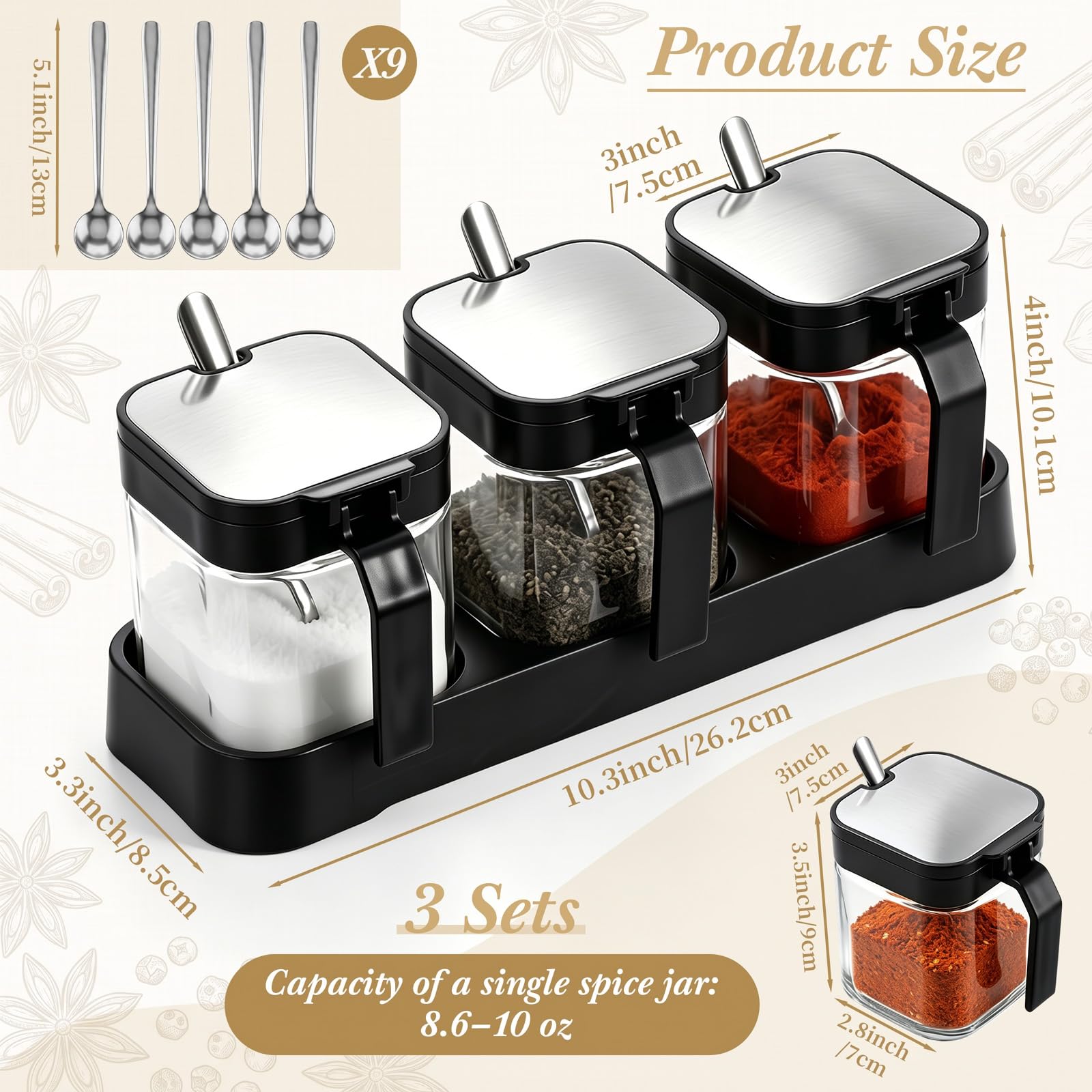 Gewürzbehälter-Set mit Deckel und Löffel, 244 ml, klares Glas, Gewürzbehälter-Set mit dreilagigem Acrylregal, Gewürzbox, Salz, Zuckerdose, für Küche, 3 Stück