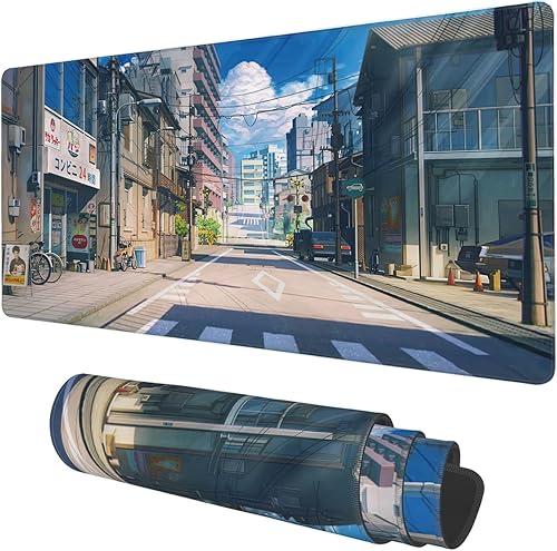 Tapete de escritorio, diseño de anime, diseño de calles de verano, extendido, grande, 35.4 x 15.7 pulgadas, alfombrilla de mouse grande con base