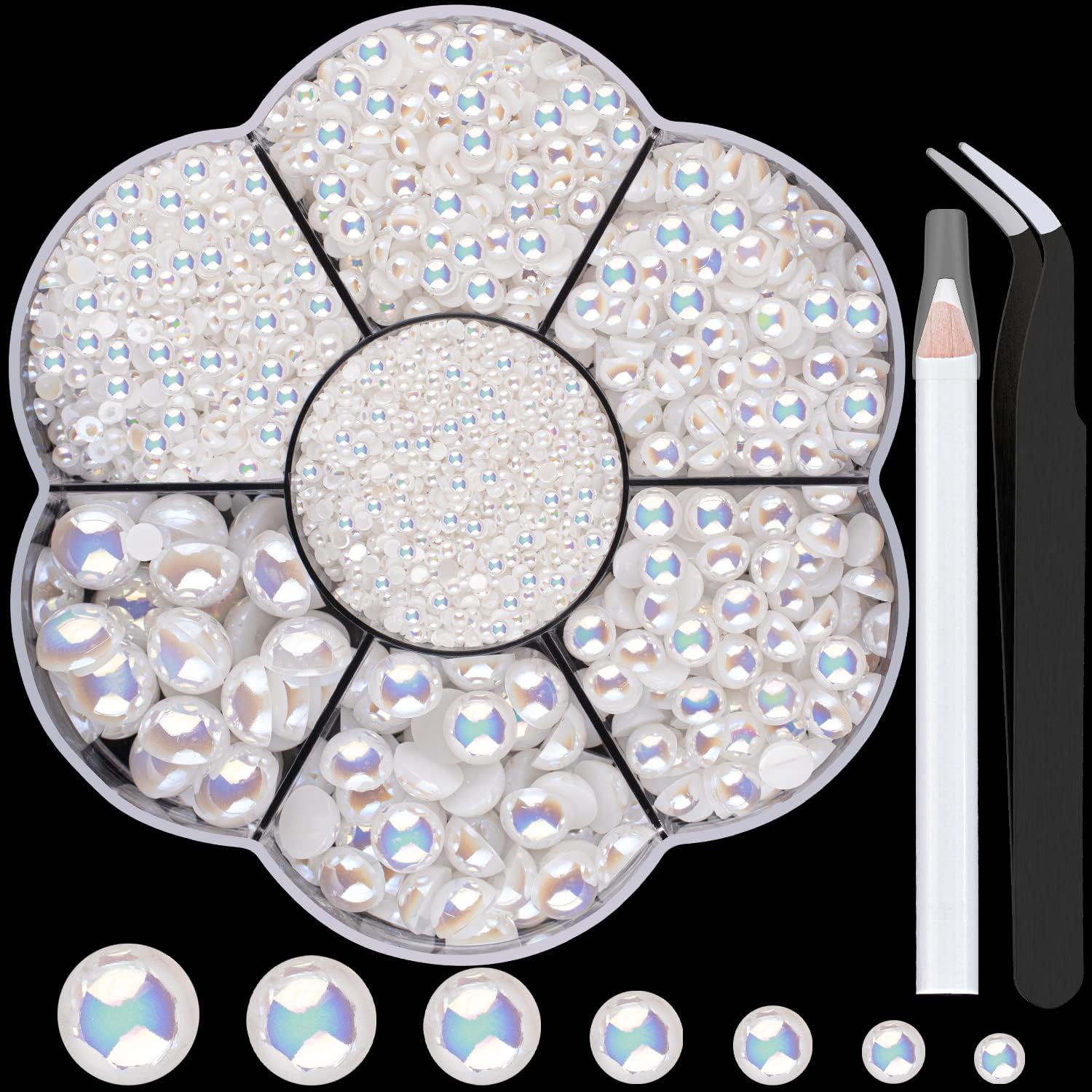 5600 Pcs Nail Art Flat Back Half Round Pearl Kits 1, 1 Box of Flat-Back White AB Pearl with Tweezer and Picker Pencil for Home DIY Nails Body Face Craft and Salon Use (2-10mm)
