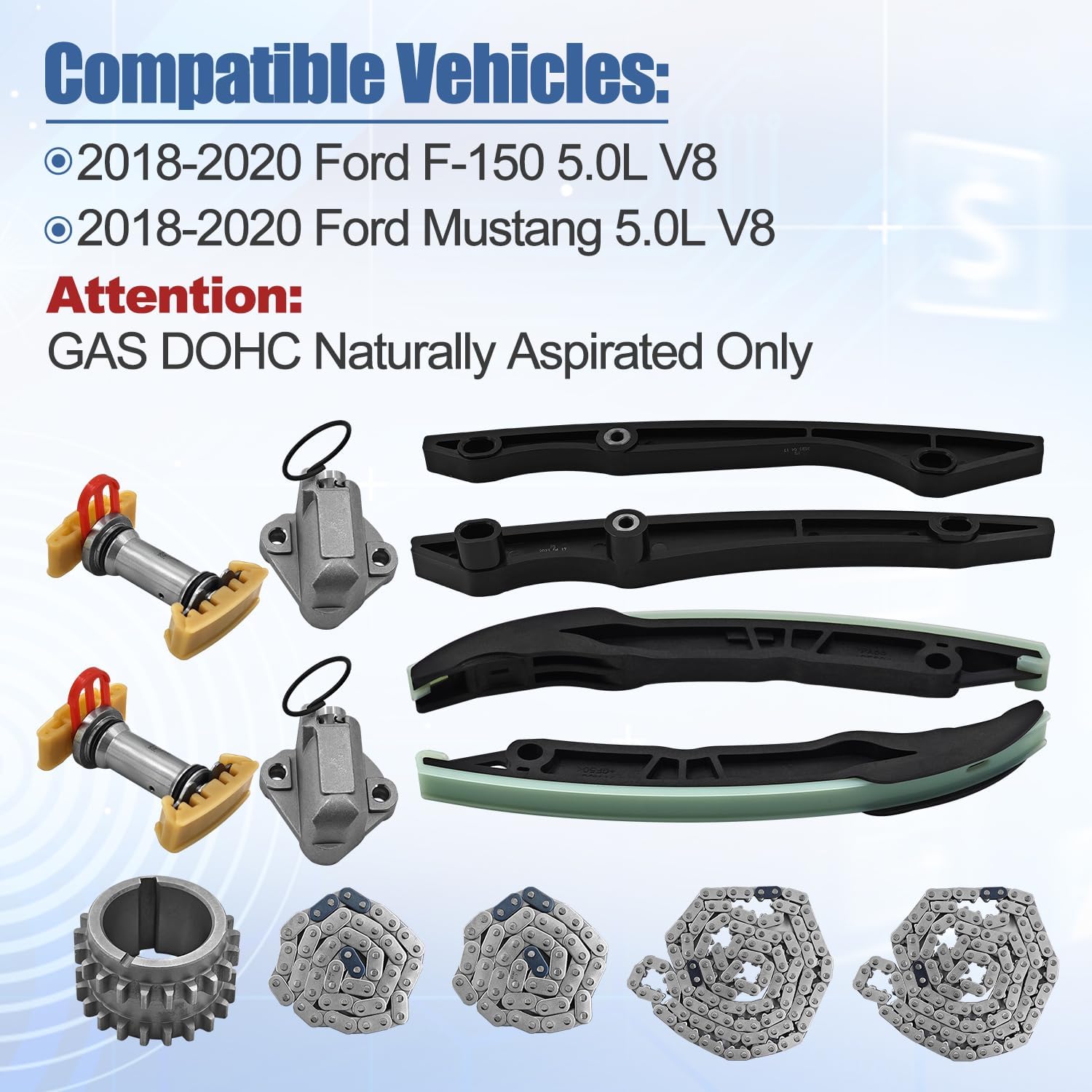 Timing Chain Kit Compatible with Ford F150 F-150 2018-2020, Fits for Ford Mustang 2018-2020 5.0L V8 GAS DOHC Naturally Aspirated Only Replace BR3Z6K254A
