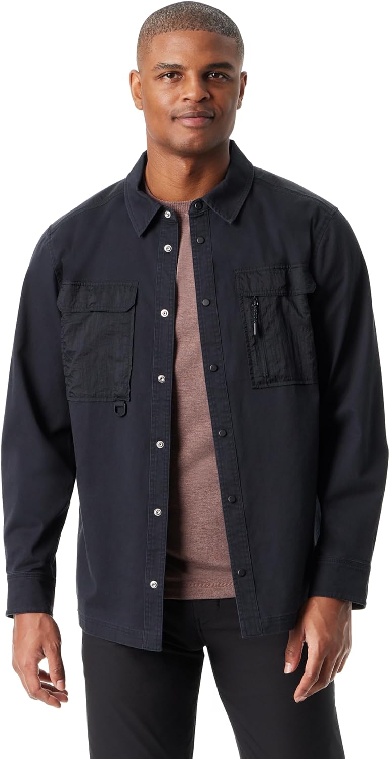 BASS OUTDOOR Men's Stretch Worker Snap Front Shacket With Double Chest Pockets Standard