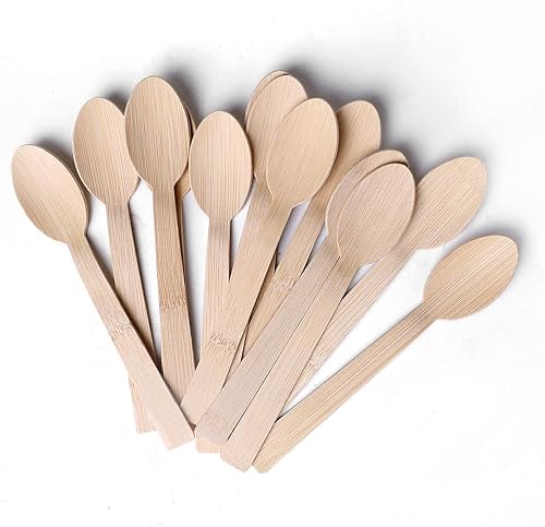 Utensilios de bambú desechables, 100 cucharas de bambú para comer, 100% biodegradables, compostables, renovables, cubiertos naturales de viaje,