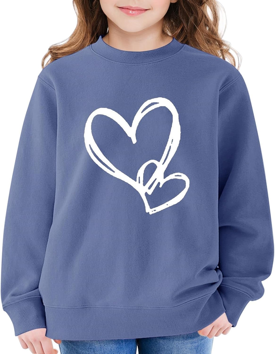 Girls Crew Neck Sweatshirt Oversized Cute Heart Graphic Pullover Trendy Preppy Long Sleeve Basic Athletic Hoodie Casual