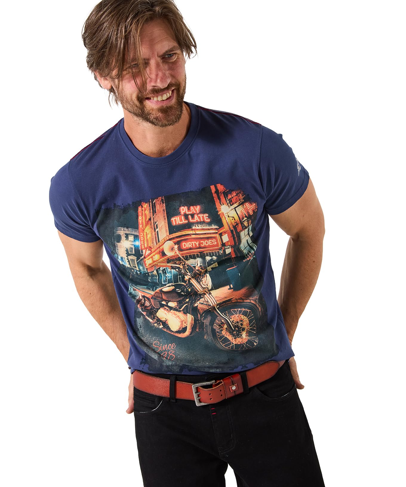 Joe Browns Male Crew Neck Short Sleeve Biker Style Tee, Regular, Blue, UK S