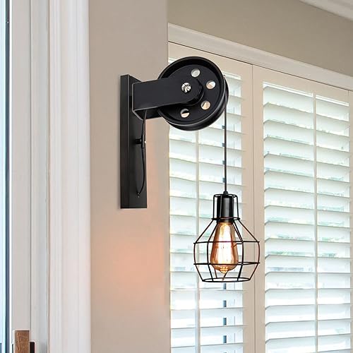 Miniatura 6 de Uonlytech 4 ruedas de polea vintage para lámparas colgantes, sistema de polea de montaje en techo retro para accesorios de luz, gancho de botín y