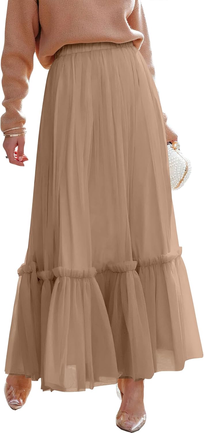 ANRABESS Maxi Skirts for Women Tulle Long Tiered Elastic High Waisted A Line Flowy Dressy Casual Skirt 2025 Fall Trendy