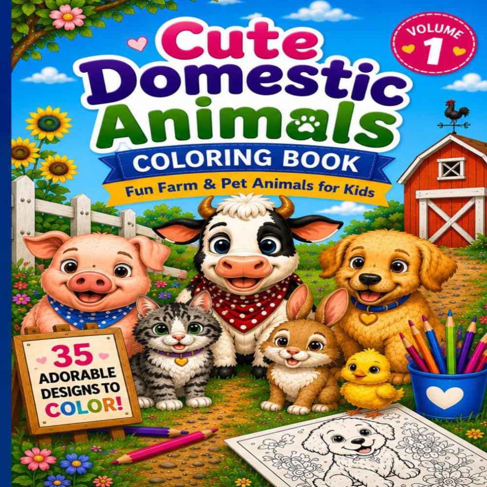 Cute Domestic Animals Coloring Book: Fun Farm & Pet Animals for Kids