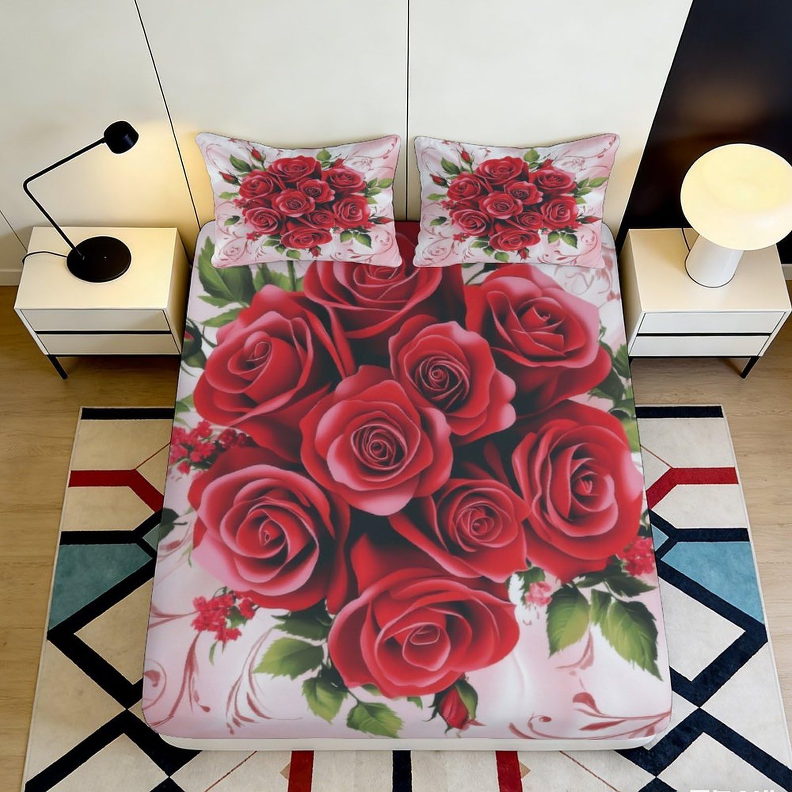 3D Printed Rose Fitted Sheet Microfiber Deep Pocket Bedroom Bedding Elastic Hem Rose Mattress Fitted Cover Adult Youth 90x200x25cm