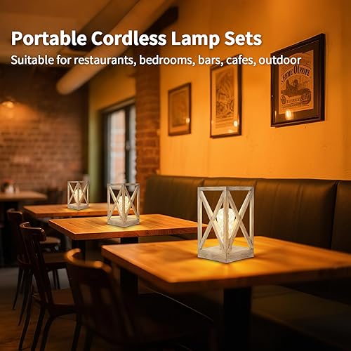 Miniatura 7 de Lámpara de mesa inalámbrica, paquete de 2 lámparas de mesa a pilas, luz nocturna portátil de diseño retro para picnic al aire libre, comedor,