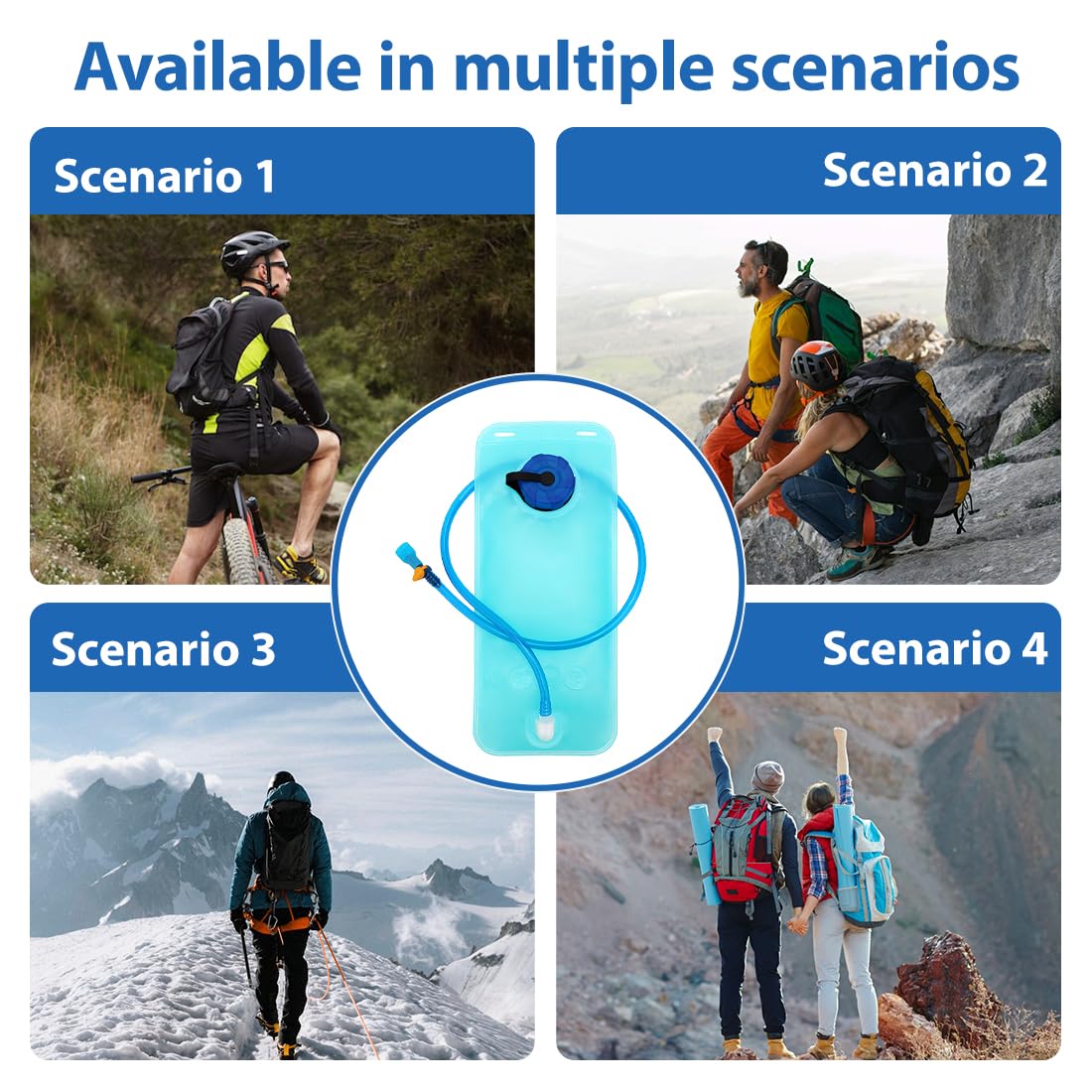Sacca idratazione 2L, sacca acqua zaino, hydration bladder 2 litri, serbatoio acqua con tubo, camel bag ciclismo trekking corsa, sacca acqua outdoor allenamento, blu trasparente