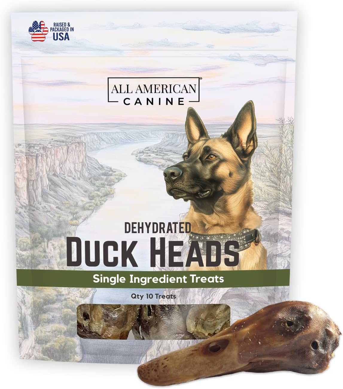 All American Canine 10 Natural Duck Head Dog Treats – Single Ingredient, Dehydrated & Digestible – Low-Fat, High-Protein Chew for Training & Dental Health – Made in USA