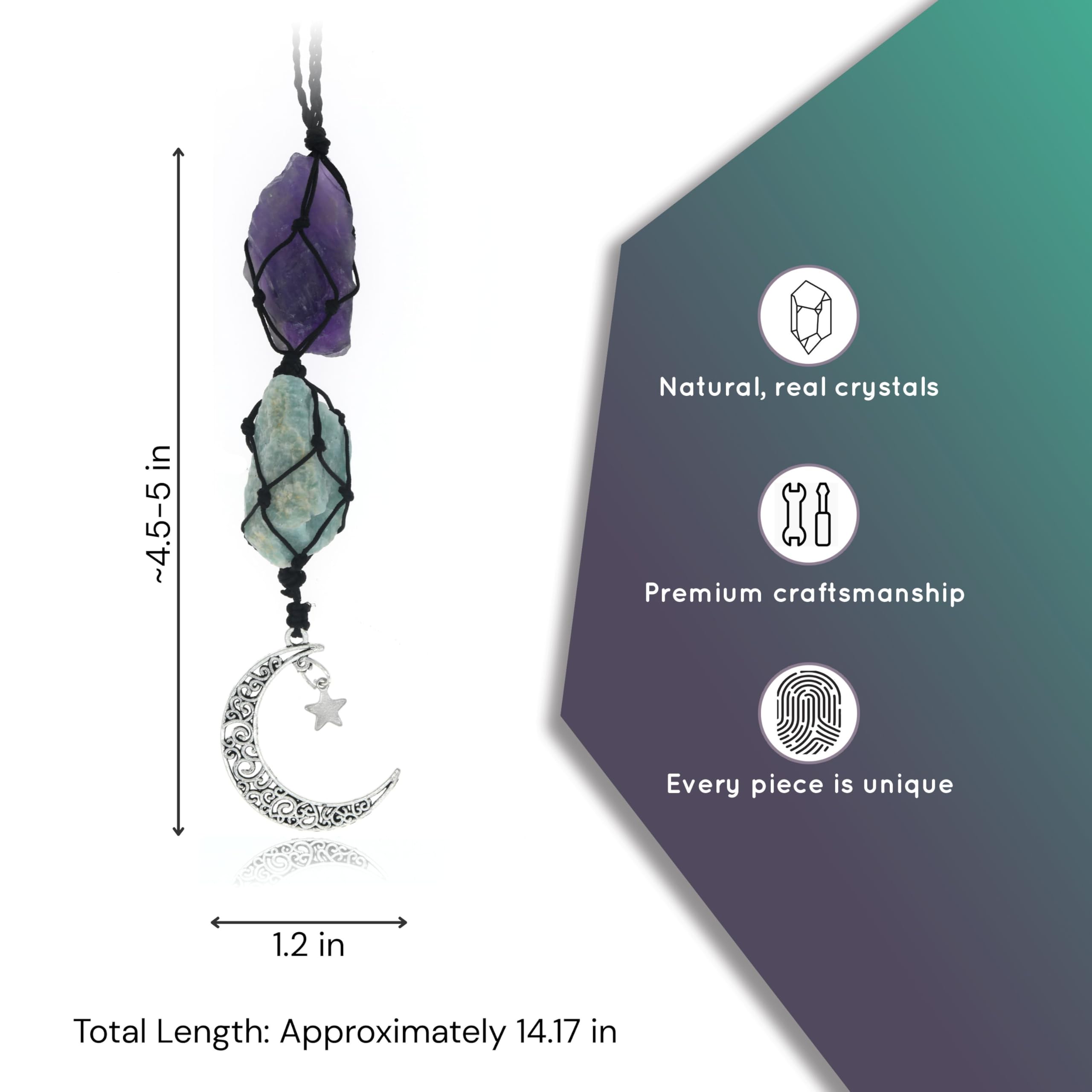 BOHO GARDEN Hanging Car Charm - Amethyst Amazonite - Dangling Moon Healing Crystal Accessories Rearview Mirror Decorations - — view 3