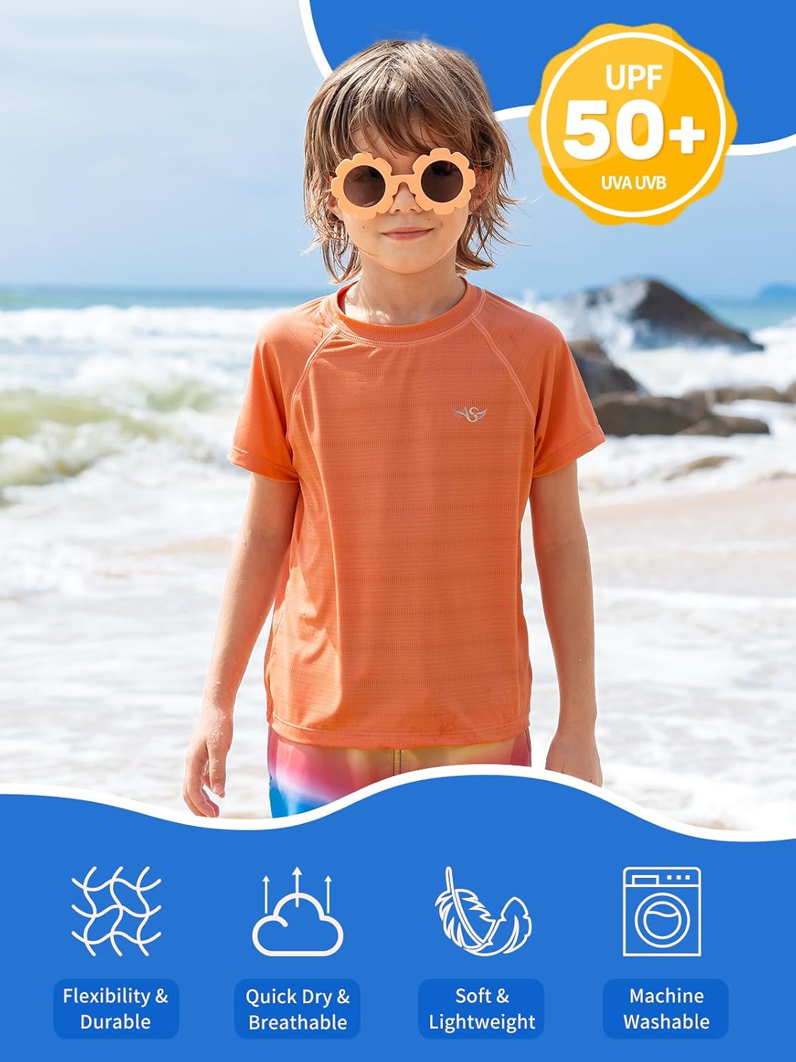 Angel season 2 Pack Boys Rash Guard Short Sleeve Size 5 Orange Summer Beach Oceanside Swim Shirts UPF 50+ Outdoor Hiking Fishing Quick Dry Orange Blue Breathable Lightweight