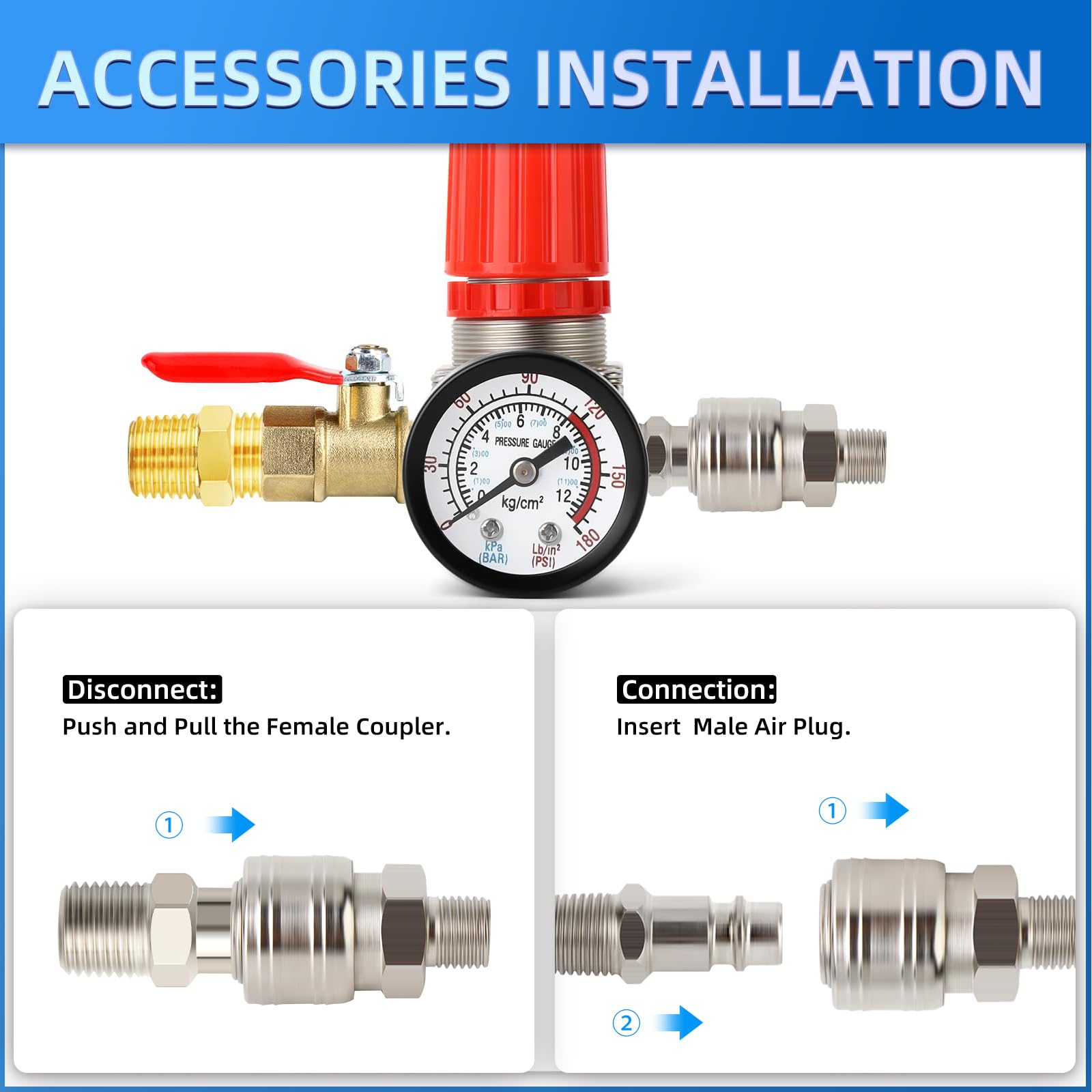 MEANLIN MEASURE Valvola di controllo del pressostato del compressore d'aria 8.3~10.7 BAR 110V-240V Ricambi per porta laterale a 4 vie con regolatore del compressore d'aria e valvola di sicurezza