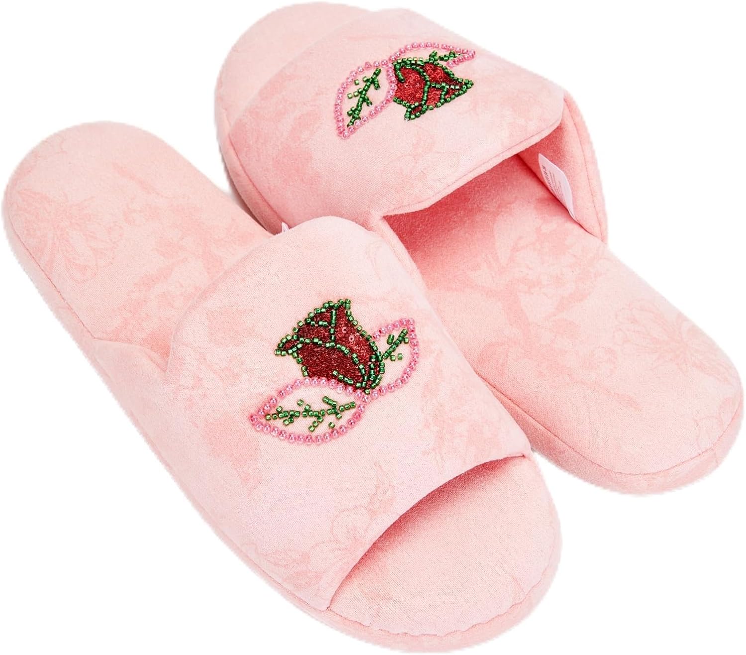 Women's Embellished Rose Slippers, Plush Fuzzy House Shoes with Memory Foam, Non-Slip Indoor Comfort Slides