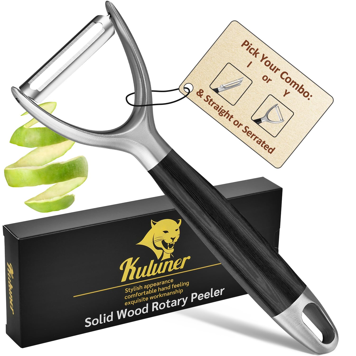 KULUNER Pelador de cocina multifunción de acero inoxidable 304, con mango de madera maciza, hoja afilada y duradera, pela verduras y frutas sin esfuerzo, herramienta de cocina esencial