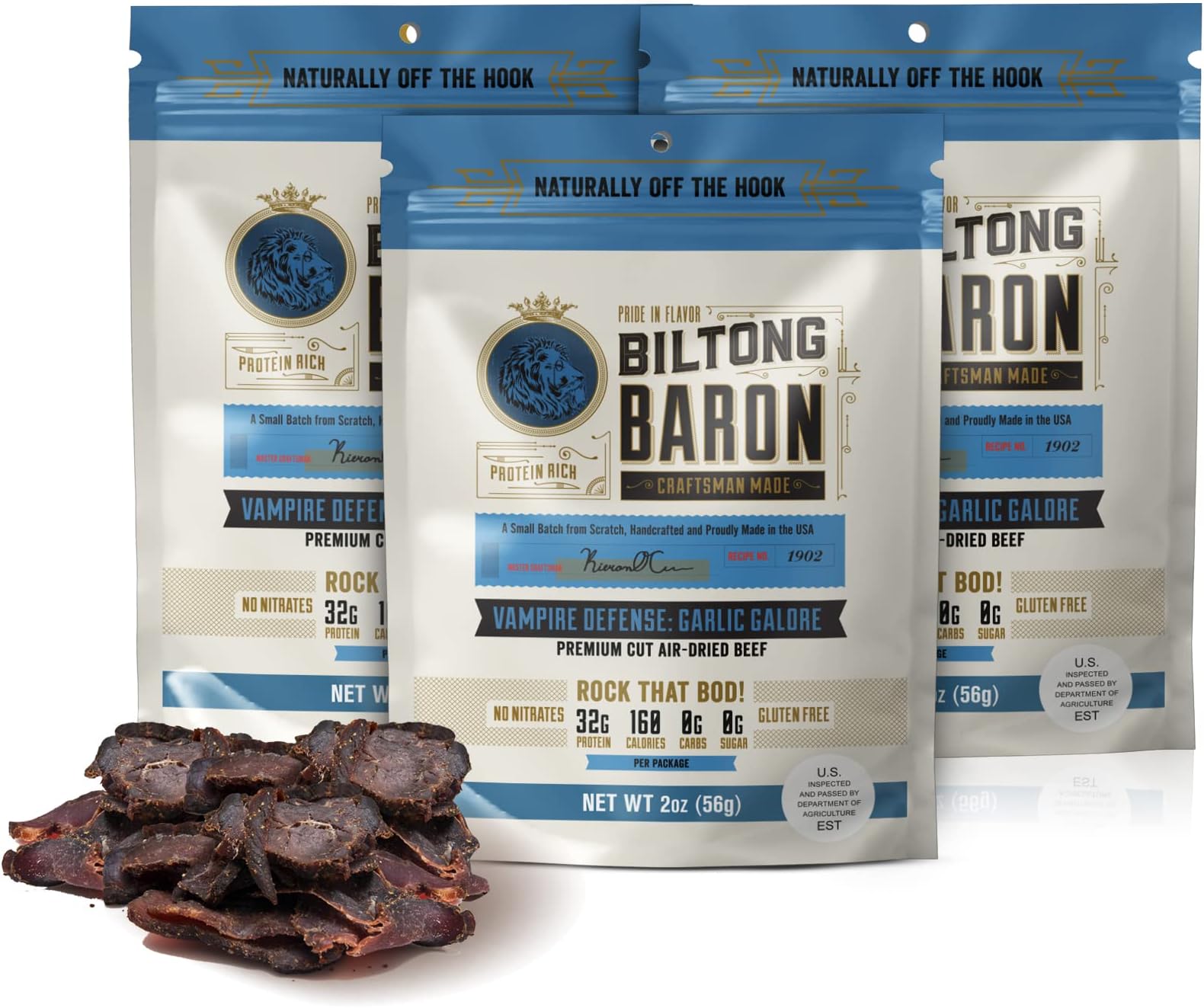 Biltong Baron Garlic Galore (3-Pack) South African Biltong Beef Jerky- Garlic Flavored Biltong, Air-Dried, Authentic South African Beef Biltong Jerky Snack, High Protein, Zero Sugar, Zero Carbs, Paleo & Keto Friendly
