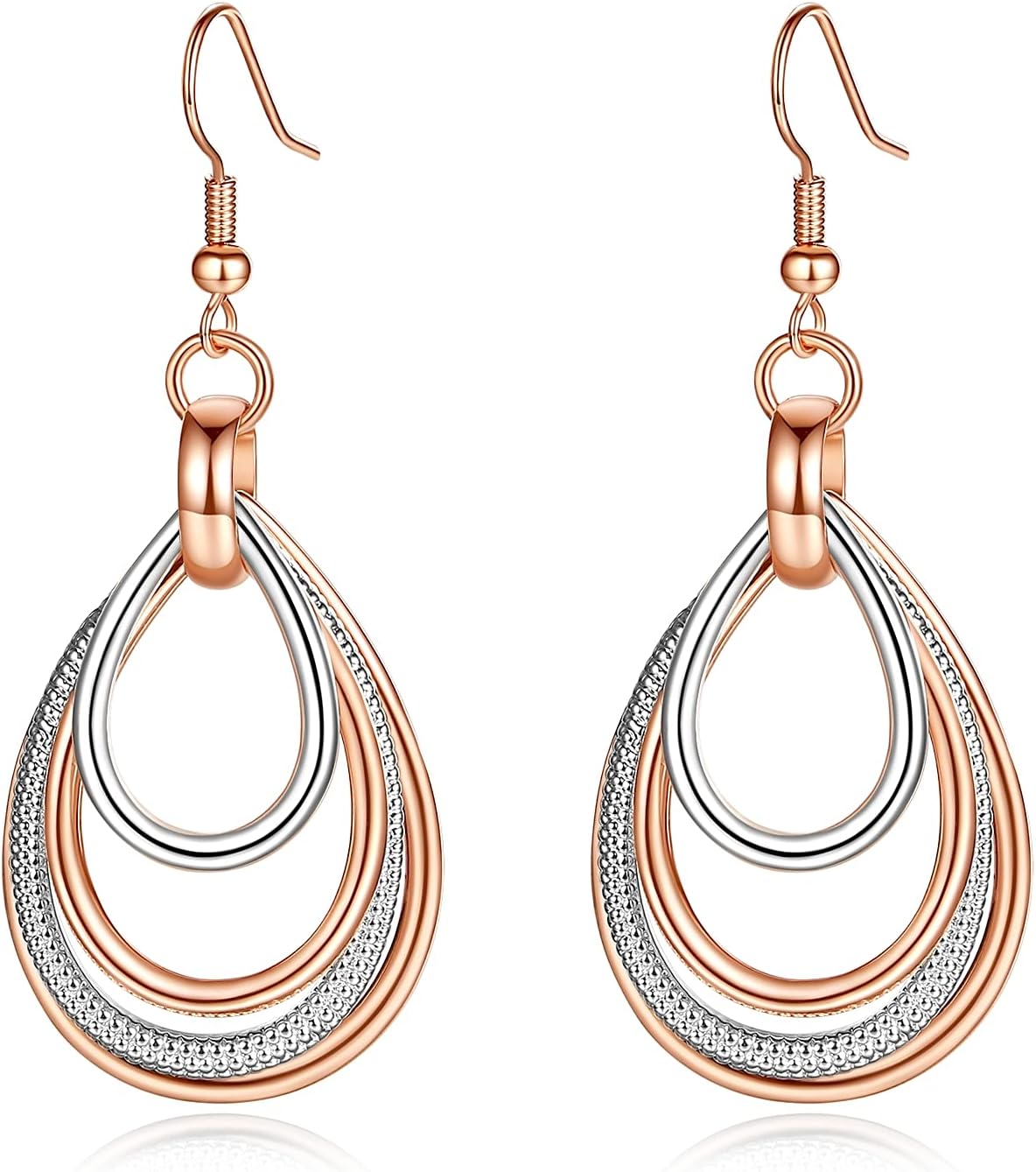 Kemstone Rose Gold & Silver Layered Dangle Earrings for Women – Lightweight Chandelier Teardrop Earrings – Hypoallergenic Fashion Jewelry Gift