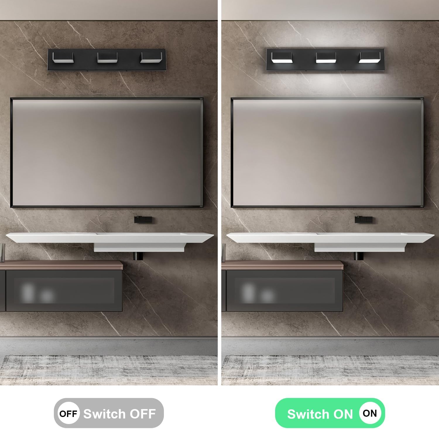 3-Light LED Modern Bathroom Vanity Light Fixtures (24-Inch, Cool White 6000K), Modern Acrylic Bathroom Wall Lighting Fixtures Over Mirror, Matte Black