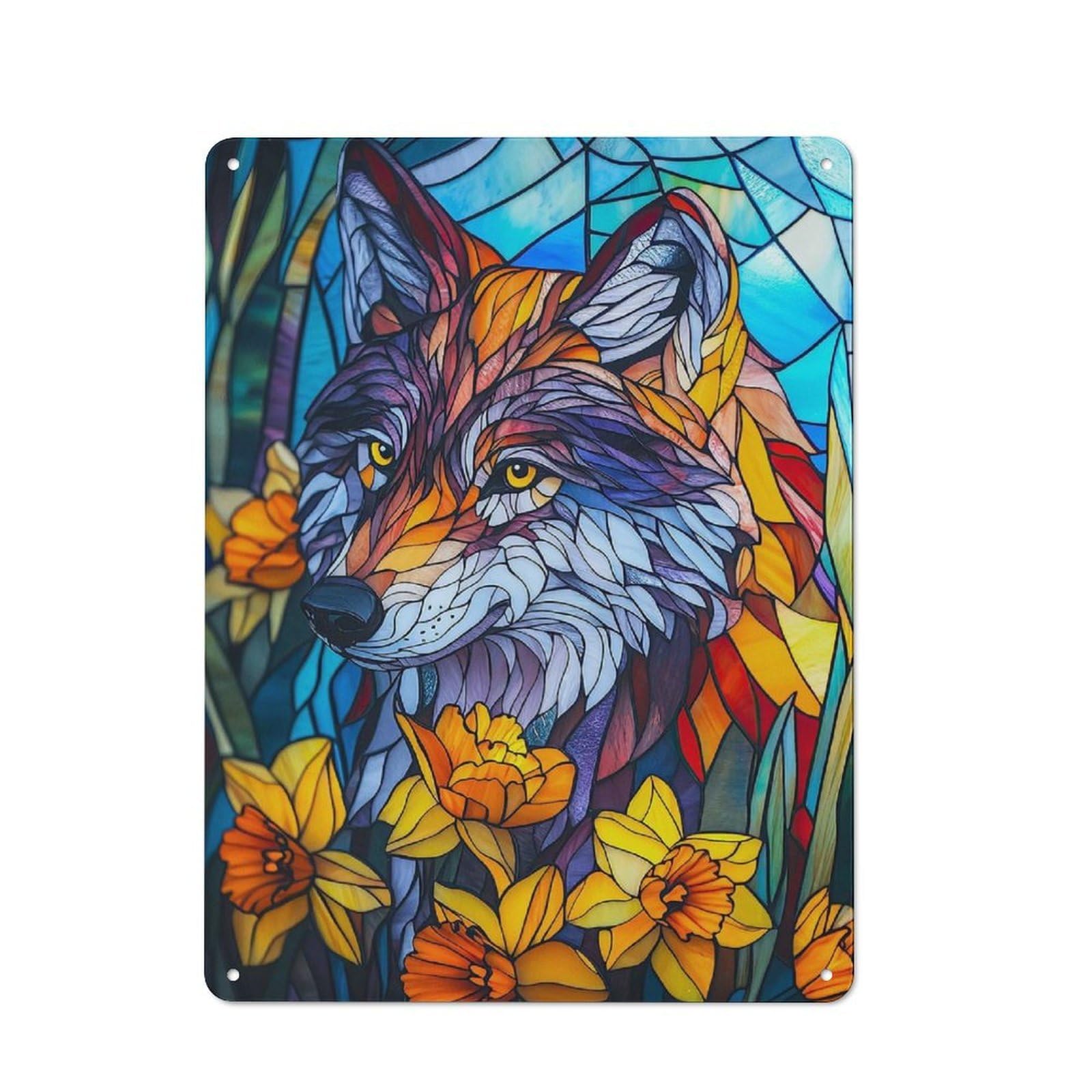 Junmoney Wolf Stained Glass Retro Tin Sign 40X30cm For Lounge Or Reading Corner, Gift For Lounge Decor Fans During The Christmas Season