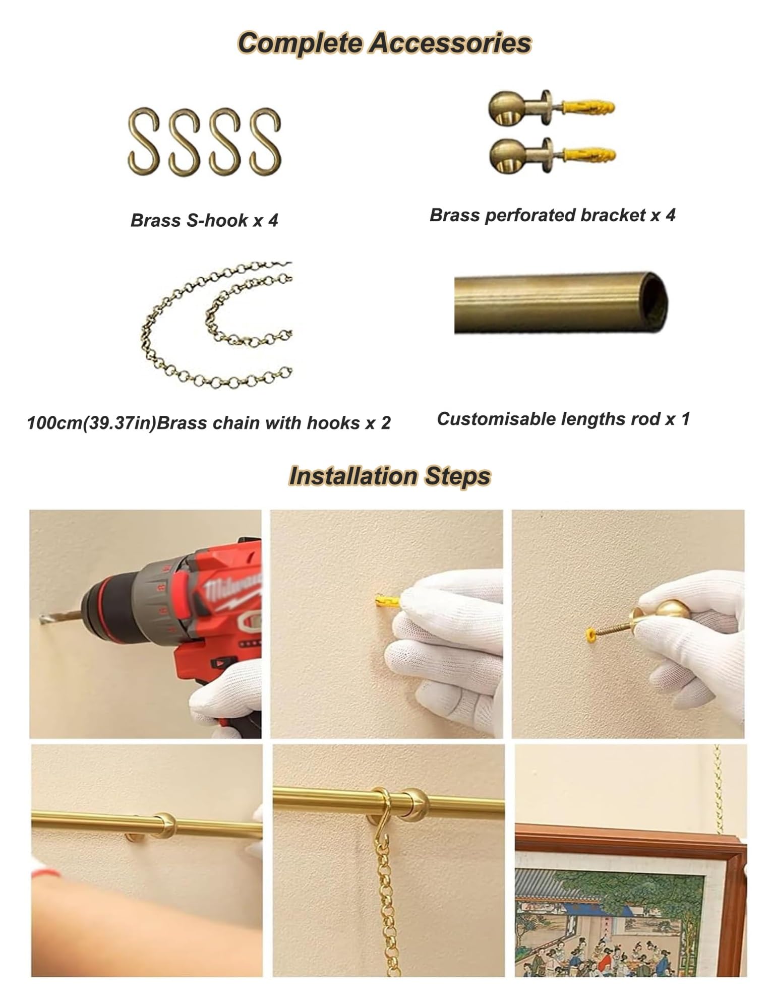 Genérico Kit de Soportes for Colgar Cuadros, Programa for Colgar Cuadros en la Pared con riel, Kit de Soportes for Cables y colgadores de Cuadros de galería(L 50cm/19.6in/1.6ft)