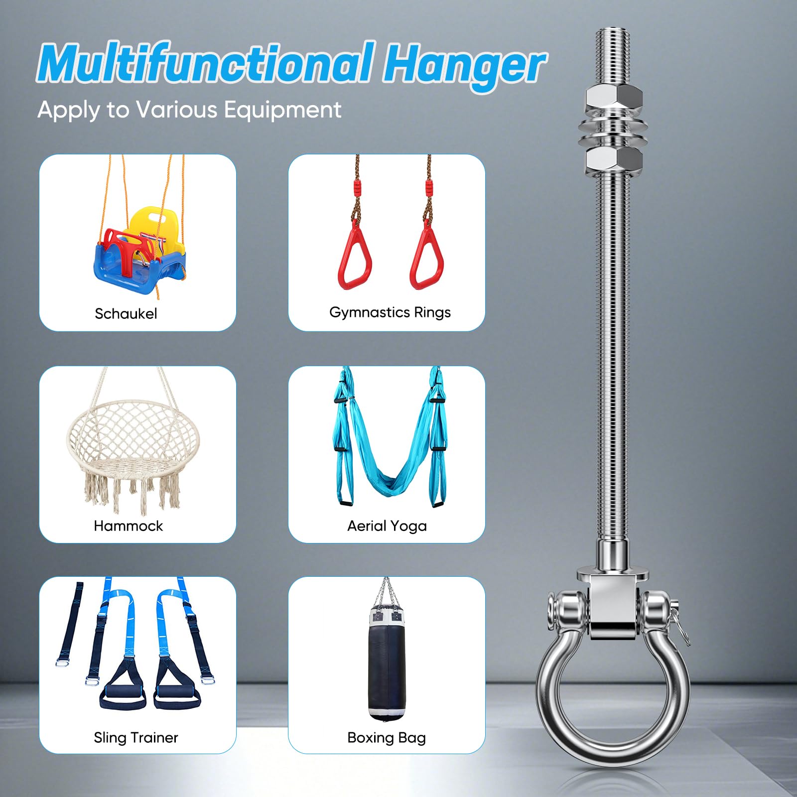4Pcs Ganci per Altalena 304 Acciaio Inox Antiruggine Permanente con Cuscinetti a Sfera, Viti M10 x 9 Pollici 1800 lb per Corde Yoga, Anello Aereo, Sacco da Boxe & Sacco di Sabbia
