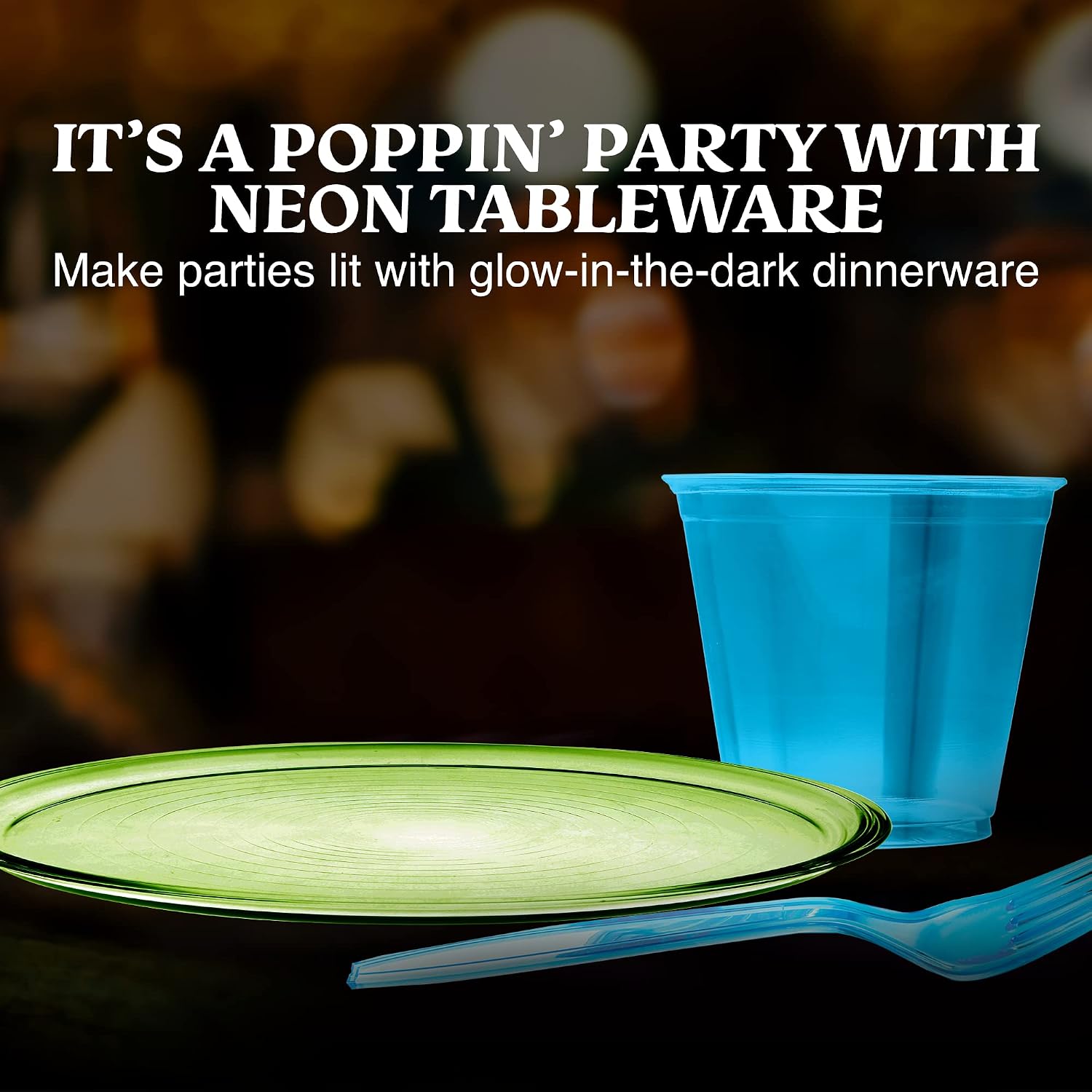 128 Piece Neon Party Supplies Set - Disposable & Heavy Duty,: 32 Main Course 9 inch Plate, 6 inch Dessert Plates, 9-ounce Tumblers, Cutlery, Glow in the Dark Great for Blacklight UV Parties