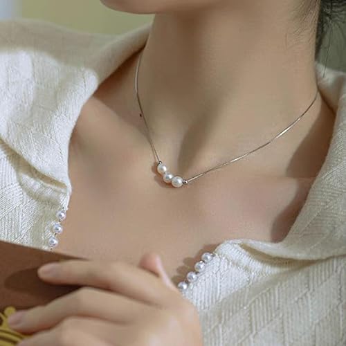 Miniatura 2 de Dainty Pearl Sterling Silver Choker Necklace for Women, Best Friend Necklace With 3 White Pearls, April Birthstone Necklace