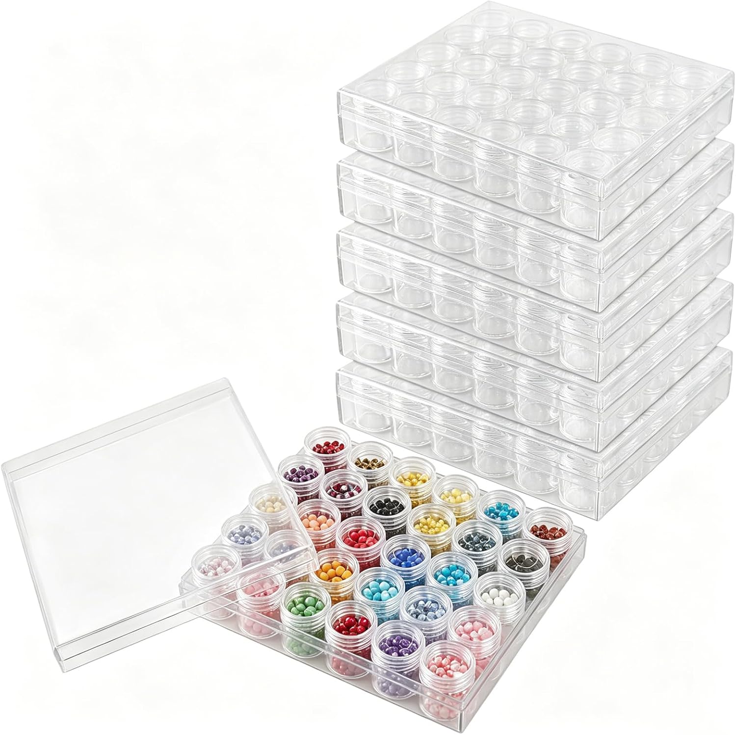 6 Pcs 30 Grids Bead Organizers, Clear Plastic Diamond Embroidery Box with Lid, Diamond Painting Bead Storage Containers for DIY Craft Jewelry Making, Rhinestones Sewing