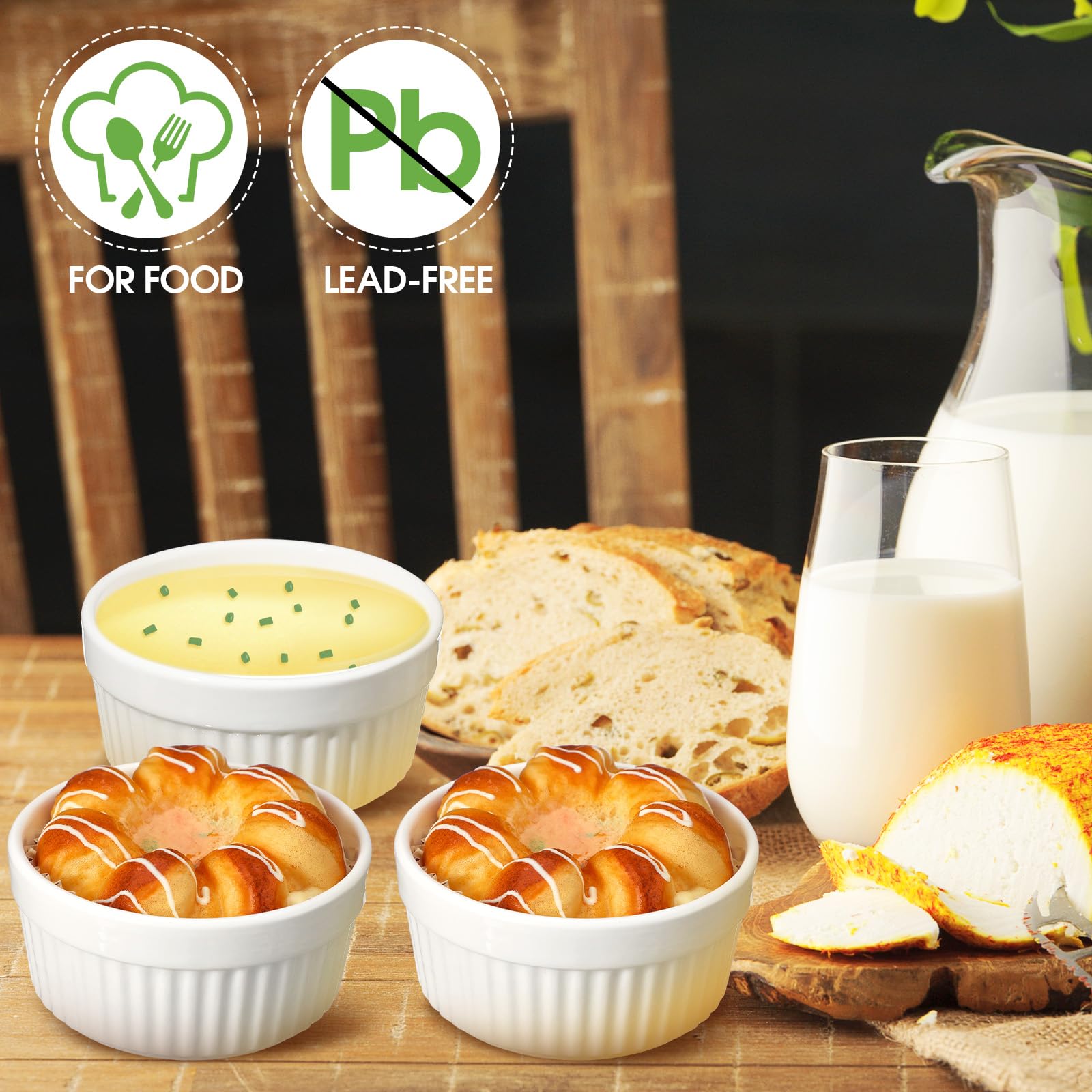 Paquete de 12 ramequines de 8 onzas con tapas, aptos para horno, porcelana, para crema, brulee, con cubiertas, para pudín blanco, tazas de natillas apilables, cuencos de cerámica para hornear