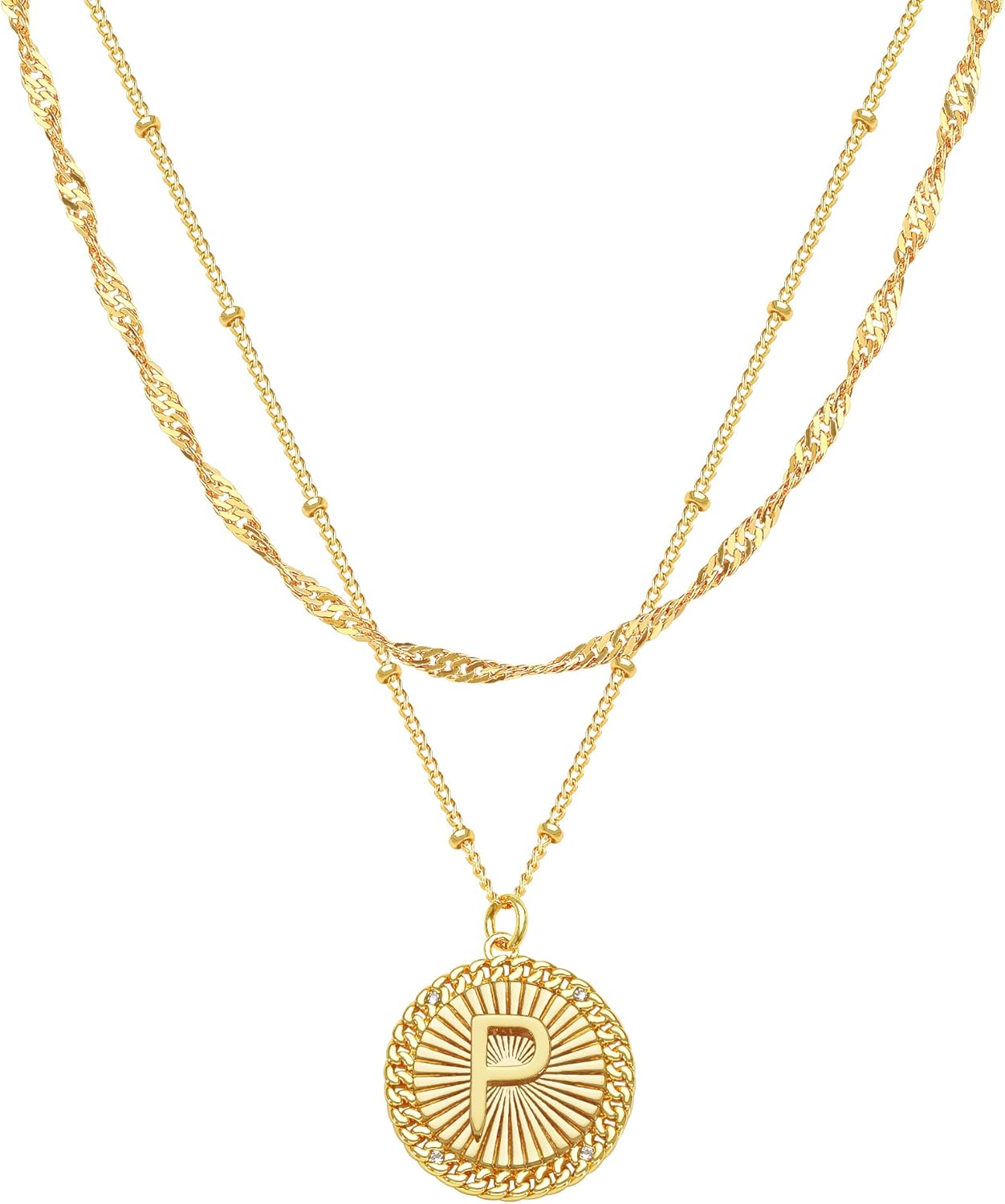 Layered Initial Necklace Set Gold Coin Disc CZ Initial Pendant 14K Gold Plated Dainty Water Ripple Link Chain Choker Necklace Personalized Jewelry Gift for Women Letter P