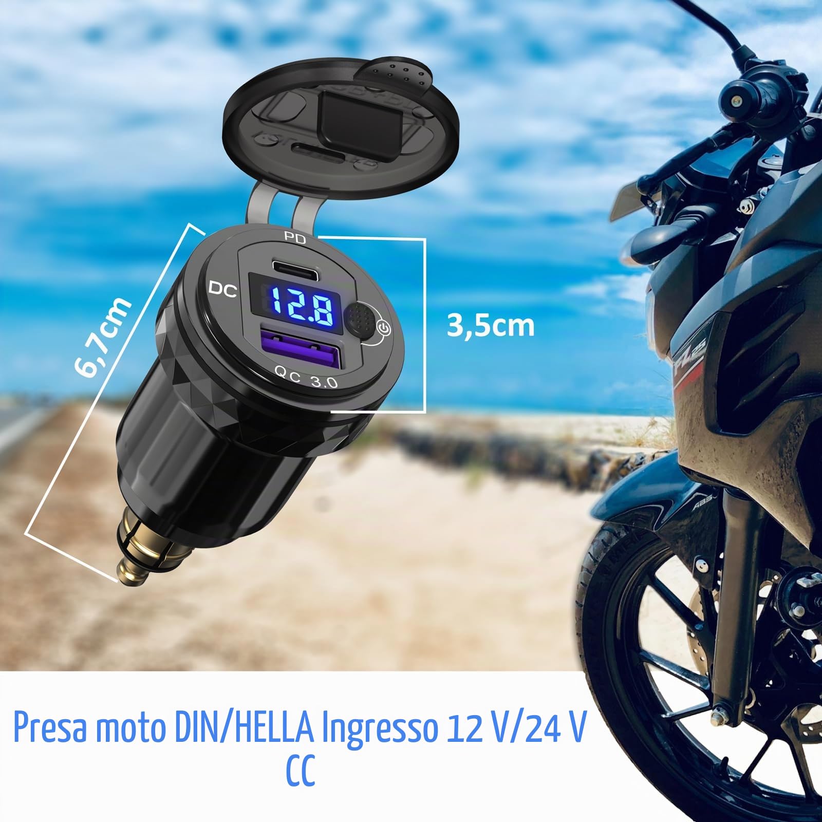 Presa DIN a USB C Caricabatterie per Moto: Qidoe Metallo Dual Porte QC3.0 e PD3.0 Adattatore Din Hella a USB con Voltmetro Interruttore per 12-24 V Motocicli Europei Ducati/Triumph/BMW