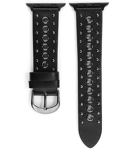 Vista 18 de Correas de cuero con tachuelas compatibles con Apple Watch, correa de repuesto para iWatch Series 10 9 8 7 6 5 4 3 2 1 SE Ultra Negro/plateado