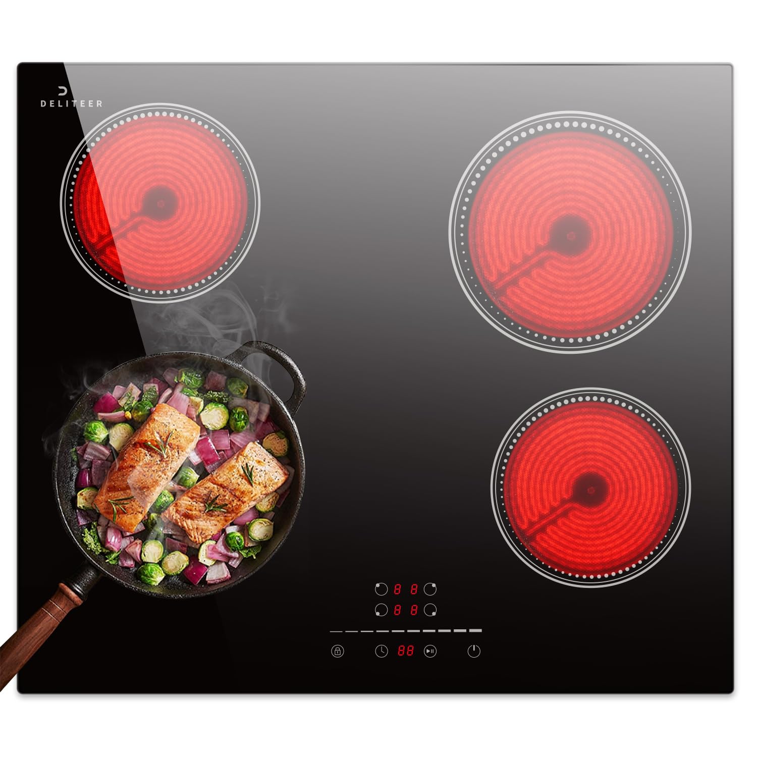 DELITEER Glaskeramikkochfeld 4 Platten, Kochfeld Autark, Kochfelder 59cm Einbau, 6000W, Slider-Touch-Steuerung, Sicherheitsschloss, Pausenfunktion, 220V, 50Hz, Kein Stecker