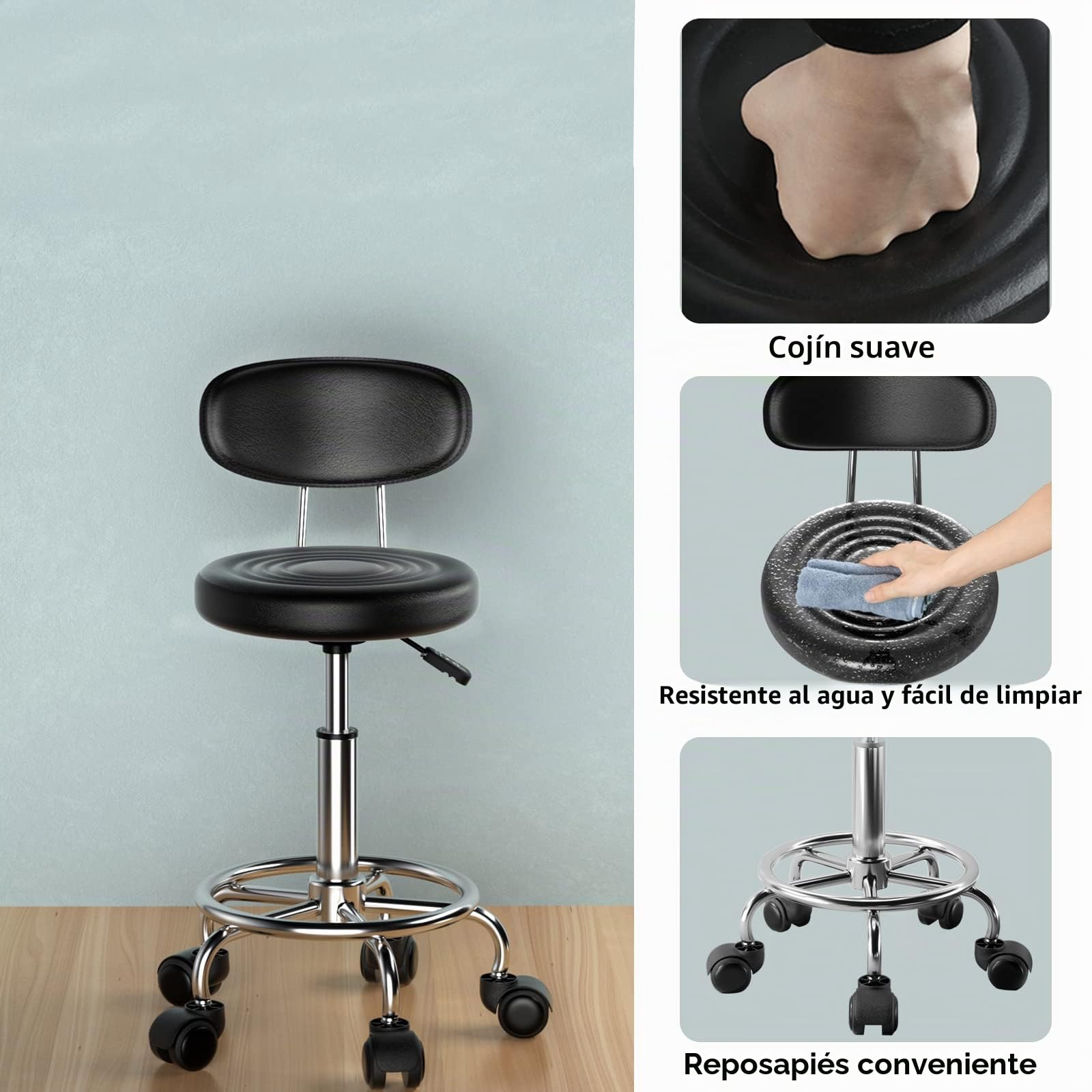 2X Taburete Giratorio con Ruedas, Silla Escritorio Altura Ajustable, Taburetes Altos de Cocina con Respaldo y Reposapiés, Acero Cromado, Sillas Bar, Silla Tocador Maquillaje, Silla Alta Negro