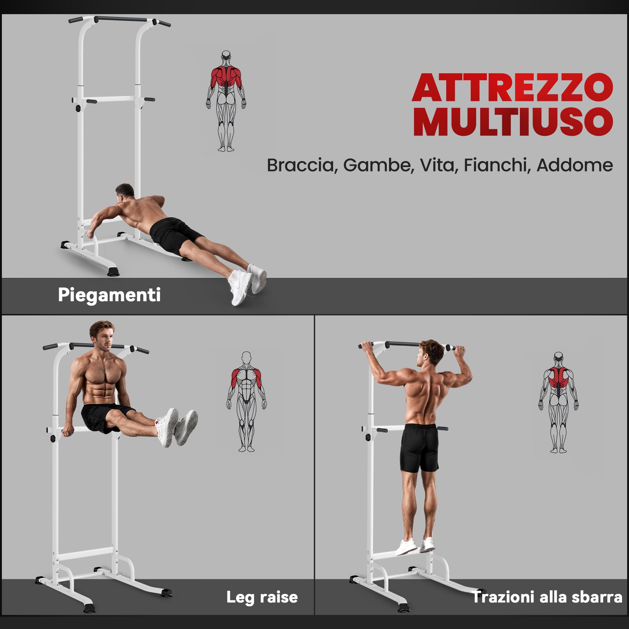 SPORTNOW Power Tower con Barre per Dip e Trazioni, Power Tower Multifunzione con Altezza Regolabile 176.5-227 cm, Struttura in Acciaio per Allenamento a Casa Palestra, Capacità 120 kg