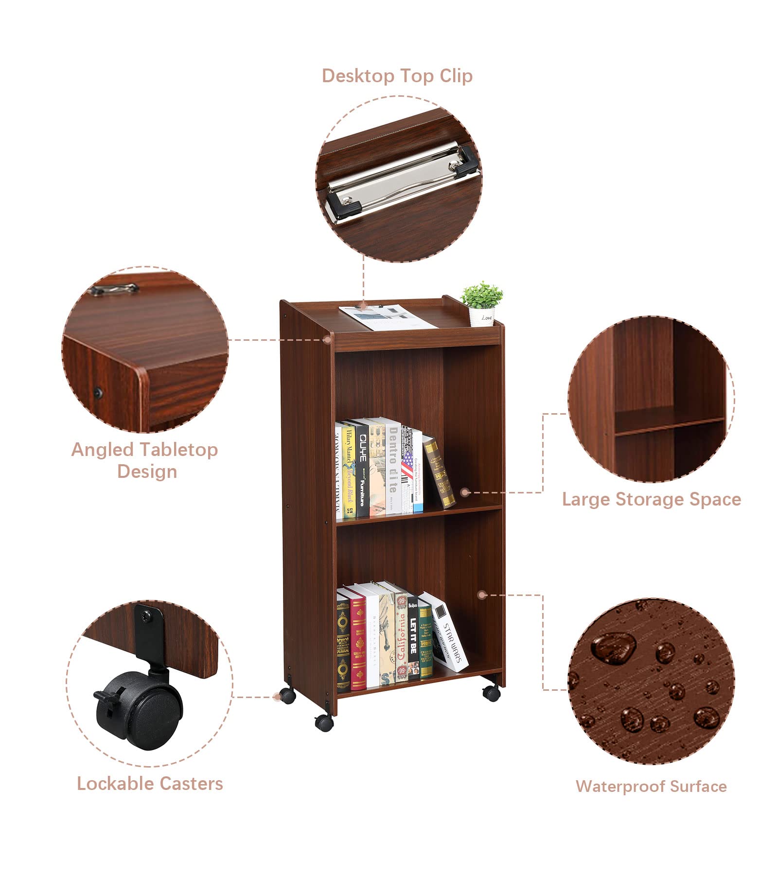 Podium Stand Portable, Wooden Rolling Desk Lectern Reception Desk with