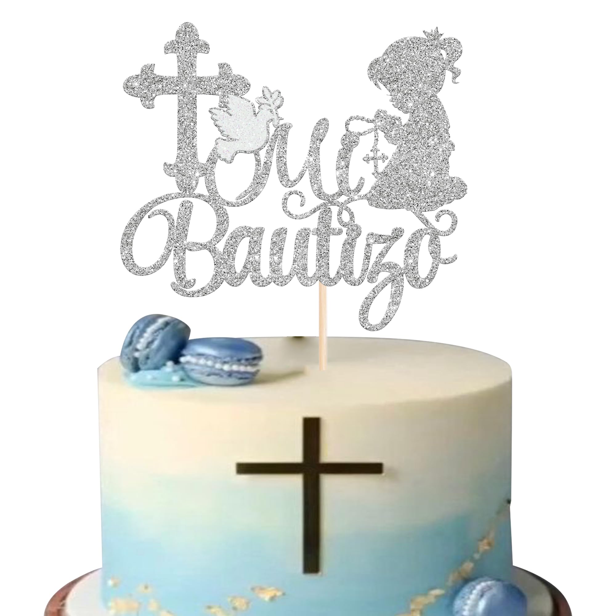 Xsstarmi 1 Pack Spanish Mi Bautizo Cake Topper Girls Baptism Cake Decoration Cross First Holy Communion Cake Pick for Religious God Bless Baby Shower Party Decoration Silver