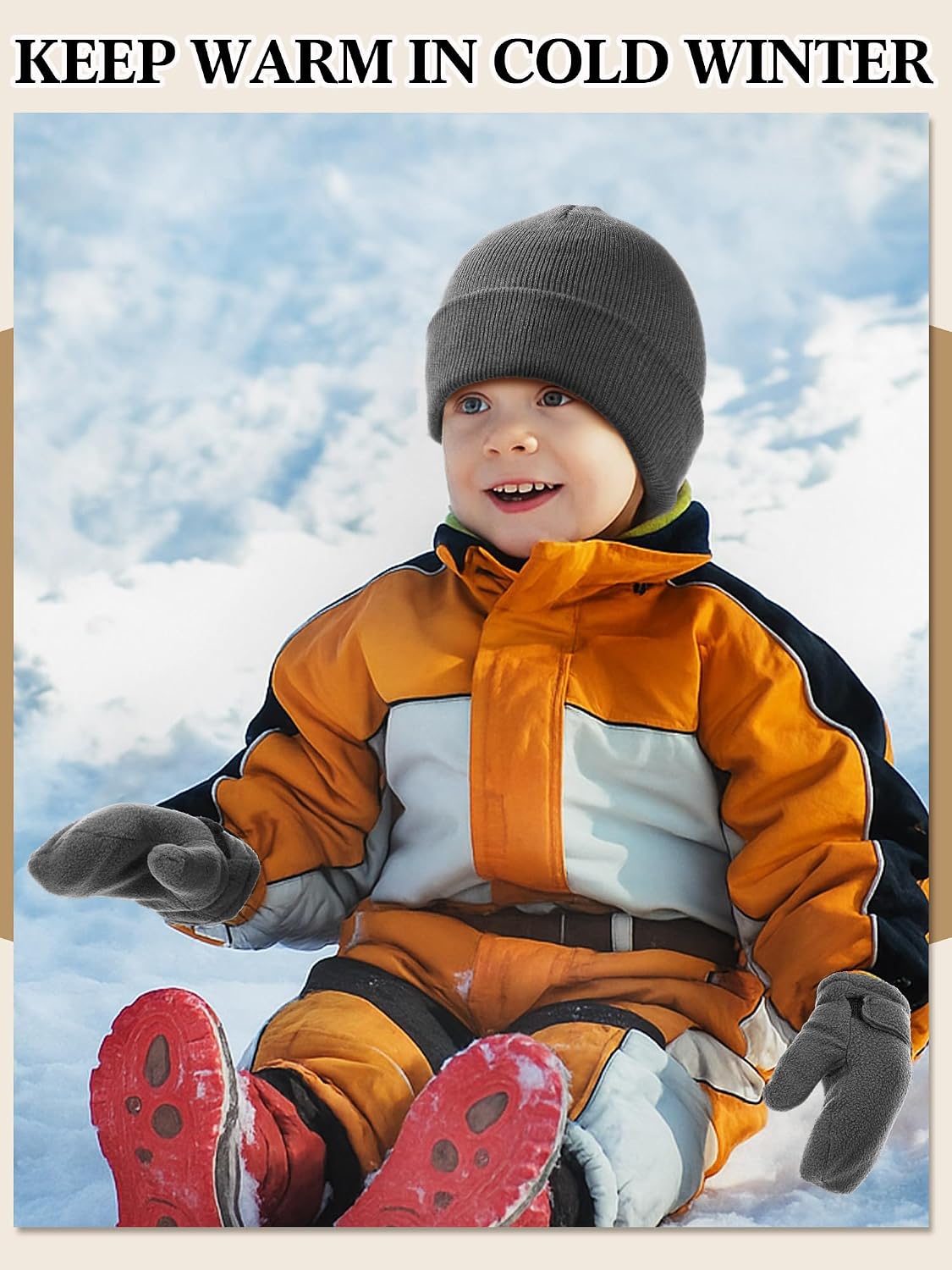 8 Pcs Toddler Baby Beanie Hat and Mitten Winter Warm Fleece Knitted Hat Glove for Kids Newborn Boy Girl, 3-6 Years