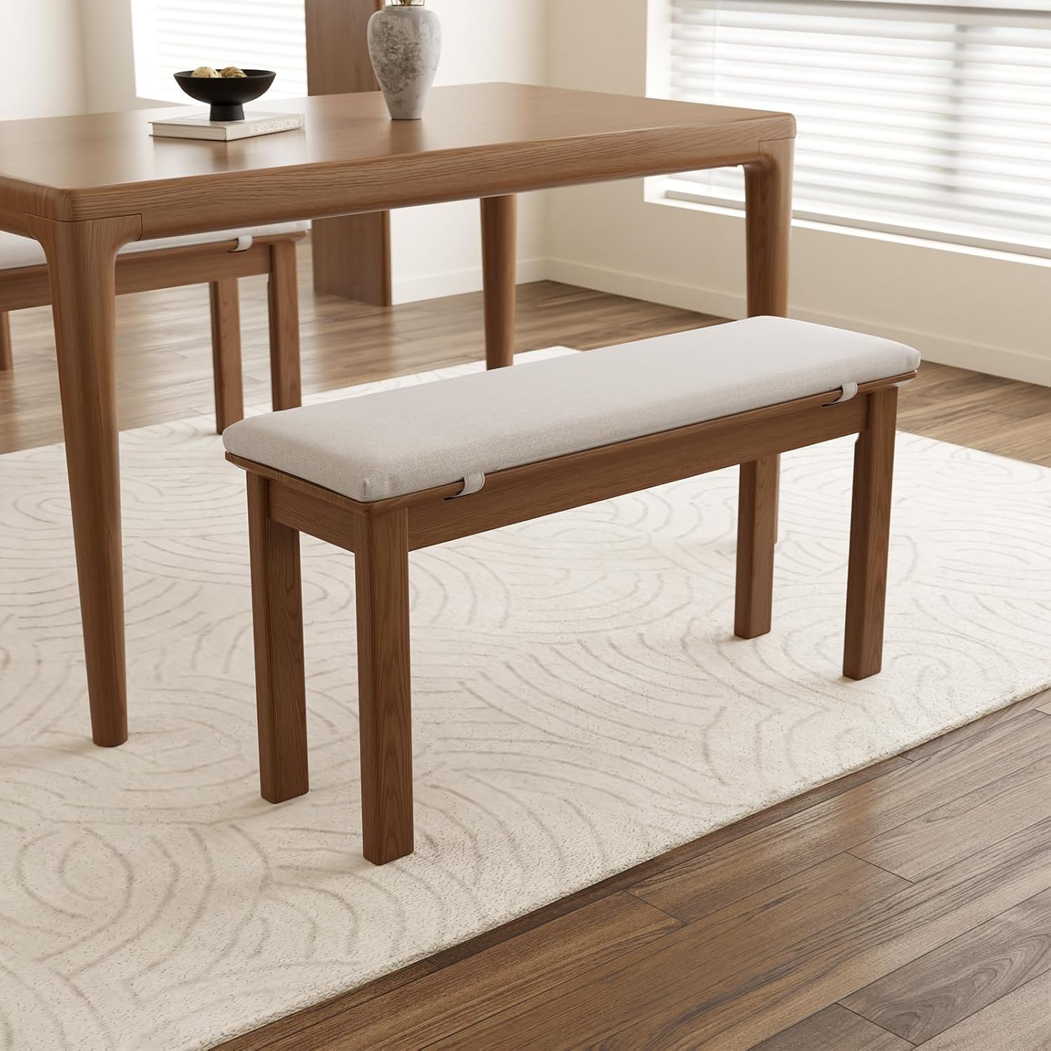 39.4" Solid Wood Dining Bench with Removable Cushion - Mid-Century Modern Entryway Bench, Extra Height Upholstered Bench for Dining Table, End of Bed, Living Room